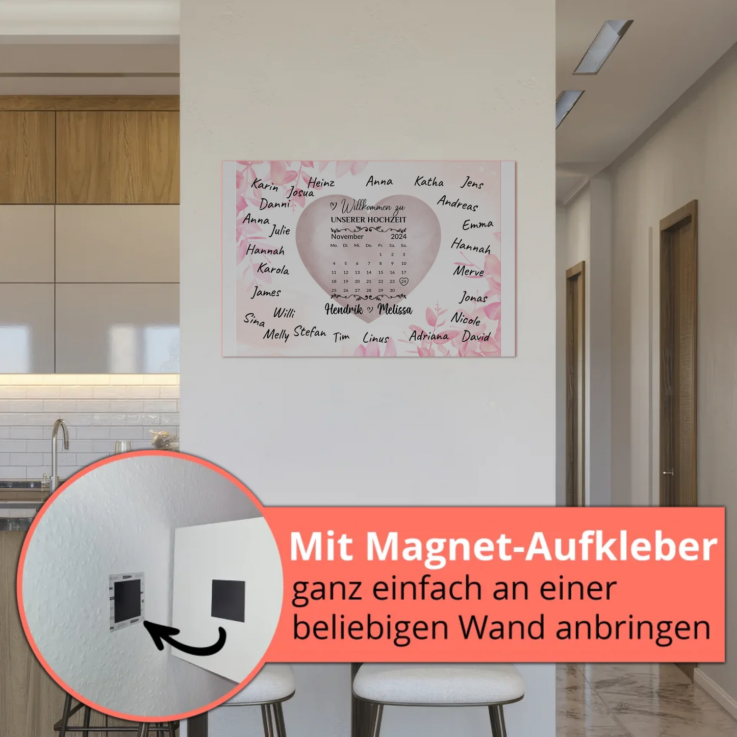 Willkommensschild Hochzeit mit Farbklecks Herz personalisiert Magnet Poster