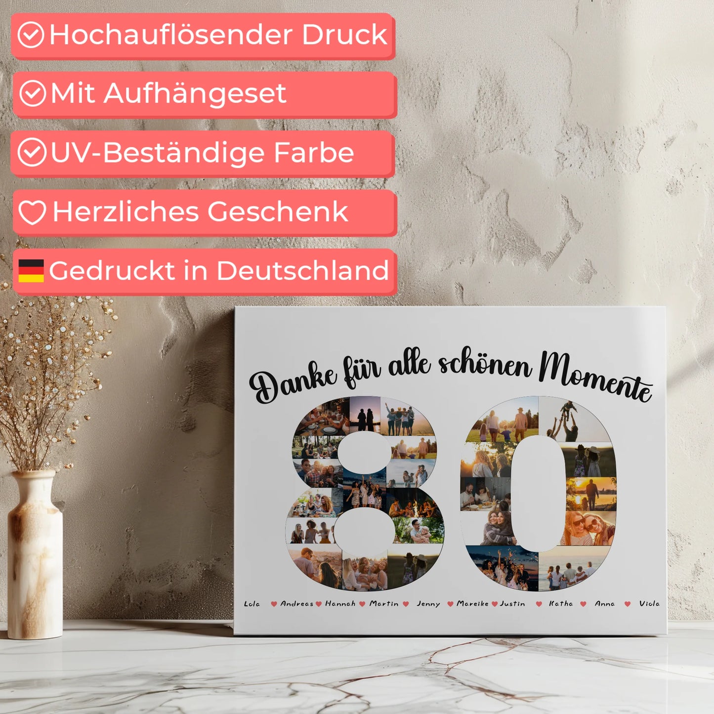 Geschenk Leinwand individuell 80 Geburtstag Danke für Momente mit Fotos