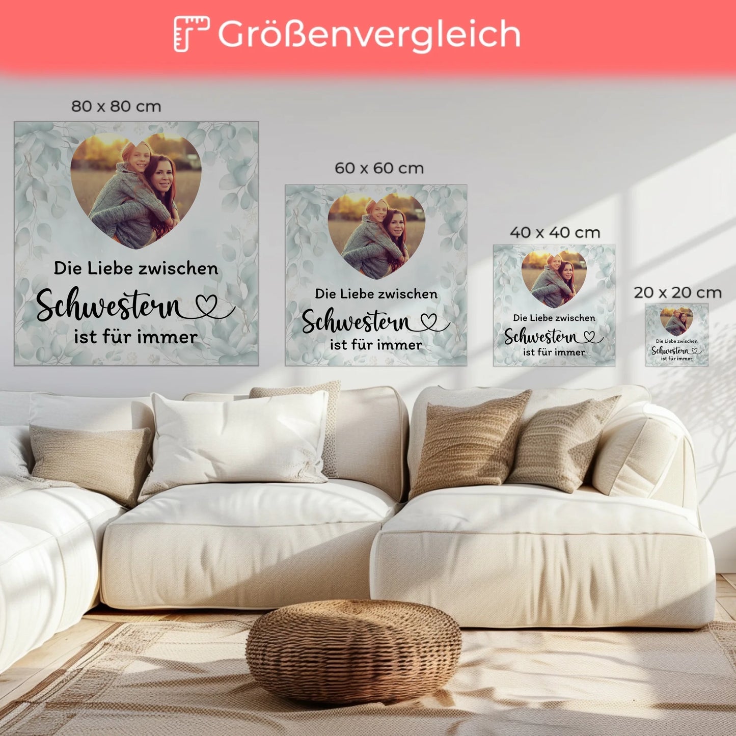 Personalisierbare Foto Leinwand Schwester mit Foto in Herzform