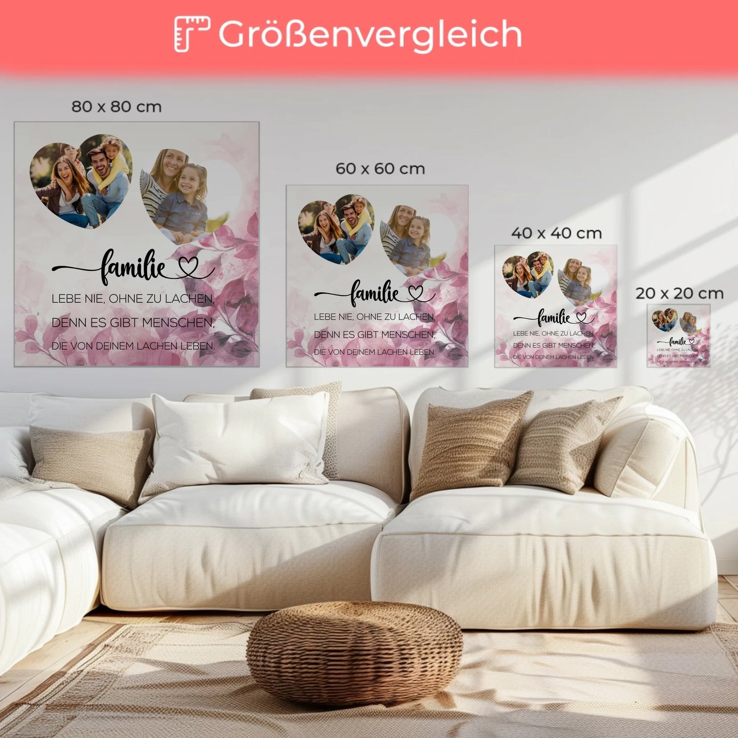 Personalisierte Foto Familien Leinwand mit 2 Fotos in Herzform
