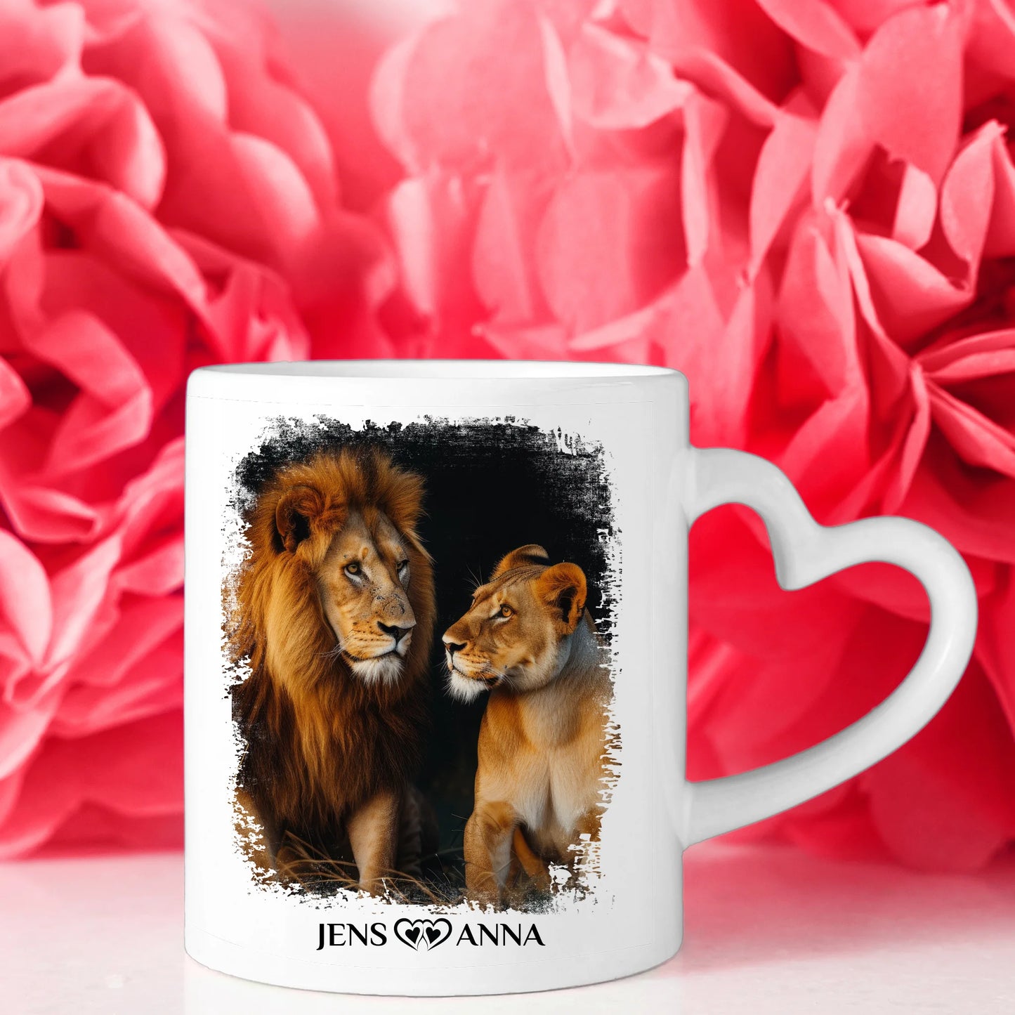 Pärchen Tasse Personalisiert Hand in Hand ein Leben lang Löwen Bild