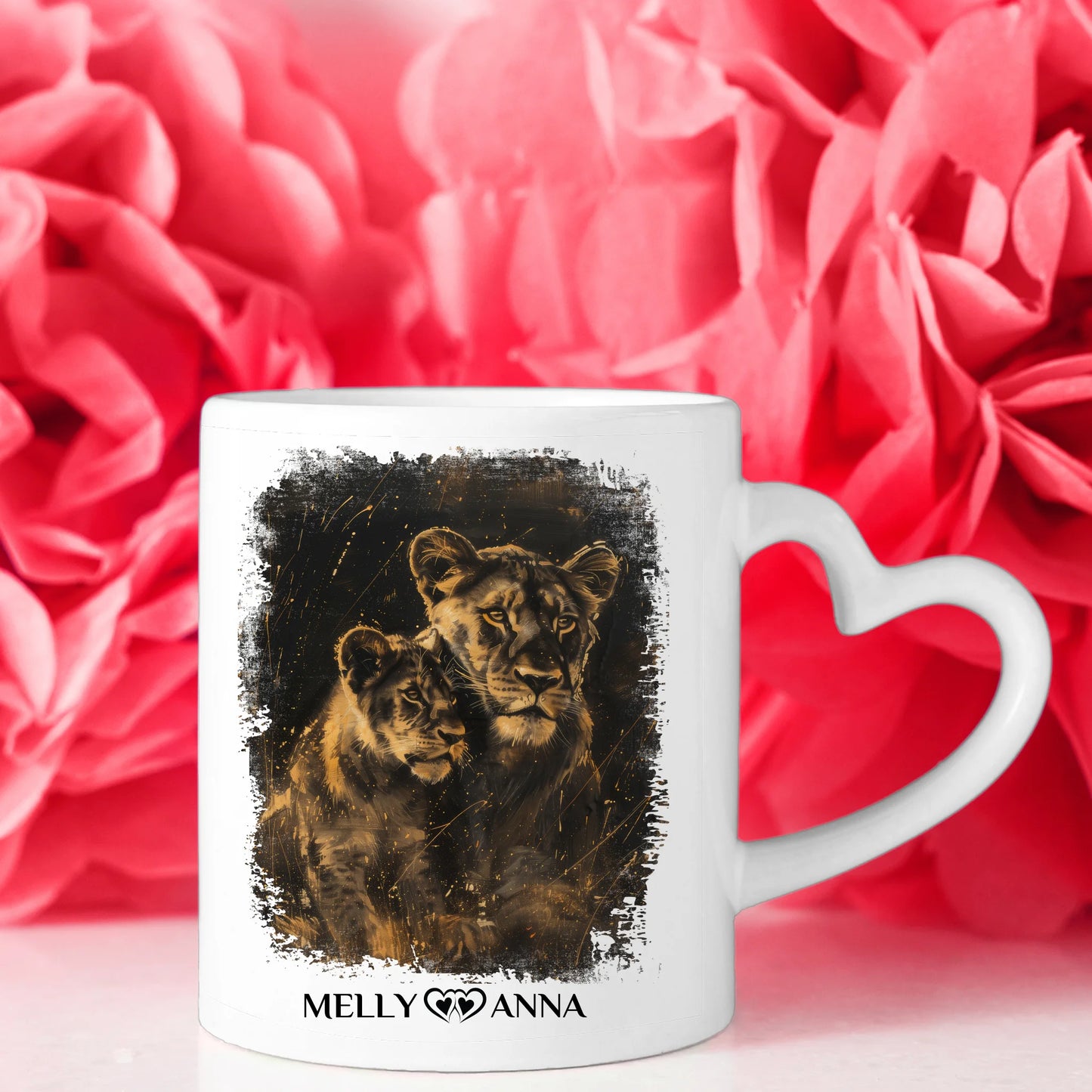 Personalisierte Tasse für Schwestern Löwen Bild Unsere Momente