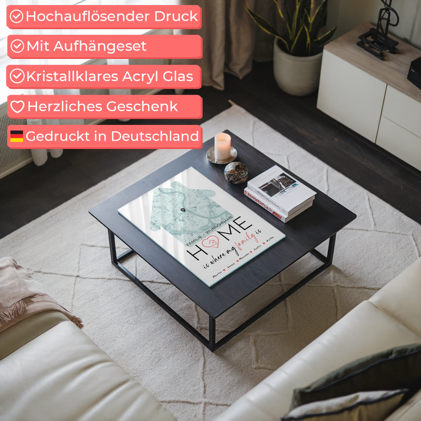 Familien Acrylglas Bild personalisiert Stadtkarte Home Is Where My Family Is Hausform mit Nachname