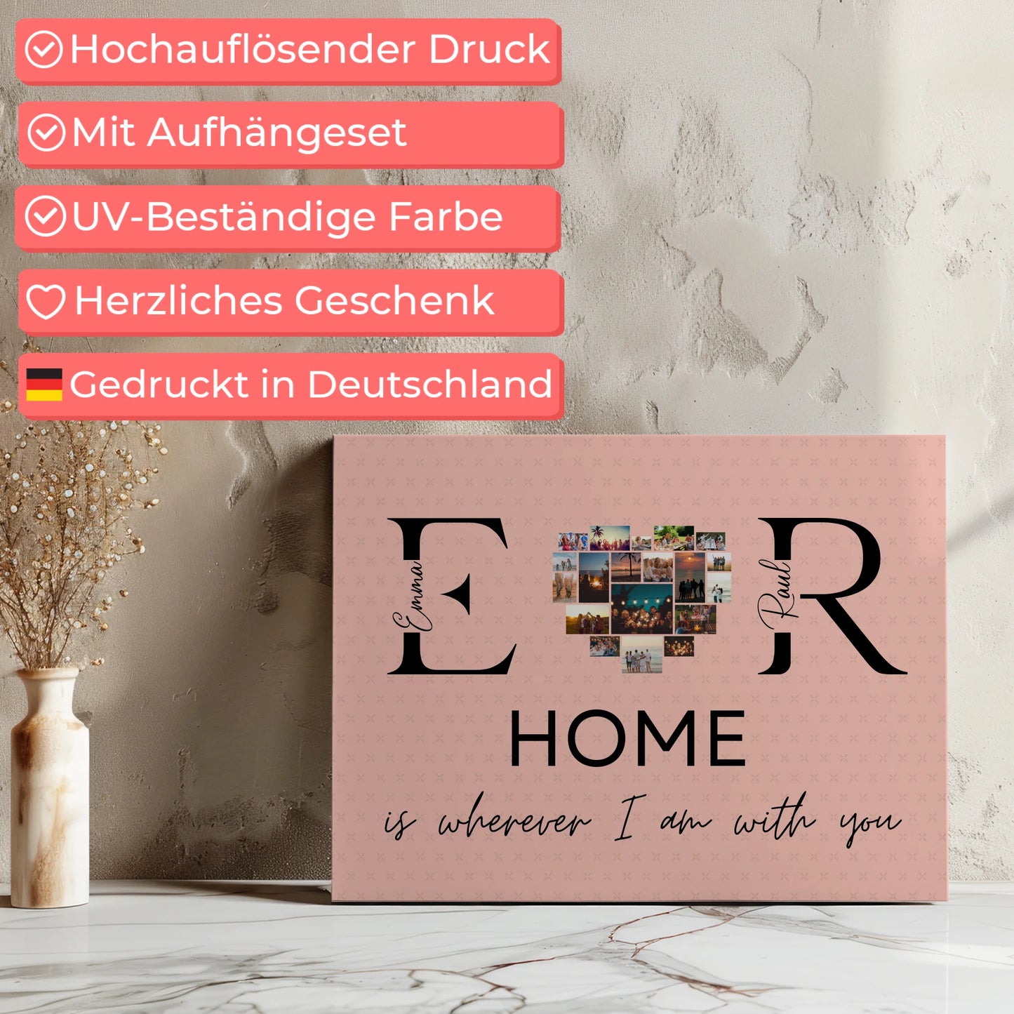 Personalisierte Leinwand Paare Mit Namen Initialien und Fotos Home Is Wherever I Am With You 7