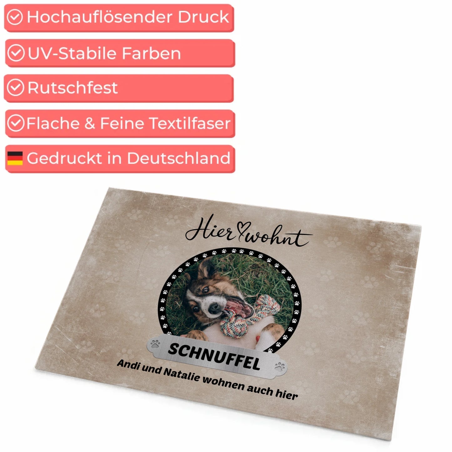 Individuelle Fußmatte Hier Wohnt mit Hundebild 2 Hunde Katzen