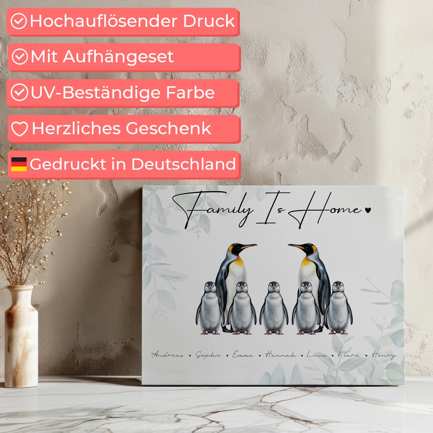 Familien Leinwand Mit Namen Pinguin Familienporträt Geschenk für Mama Papa Oma Opa 7