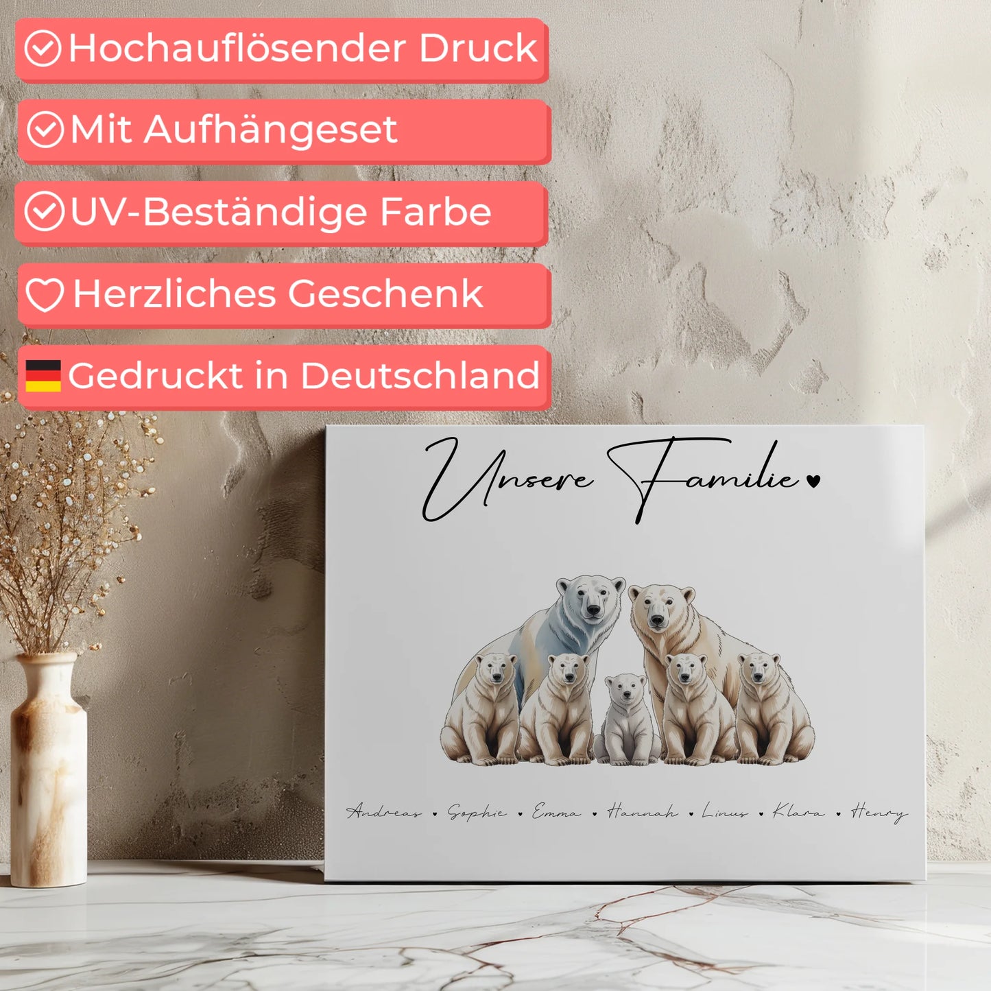 Leinwand Personalisiert Familie Eisbär Familienporträt Geschenk für Papa Mama Oma Opa 7
