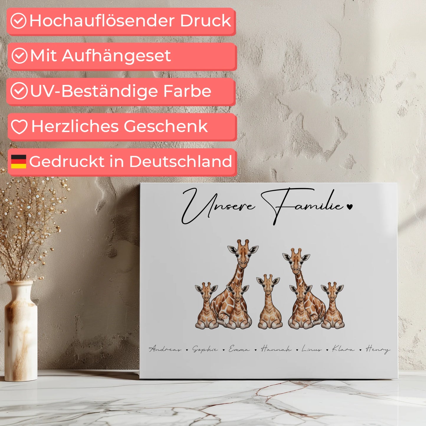 Familien Leinwand Personalisiert Giraffe Familienporträt Geschenk für Papa Mama Oma Opa 7