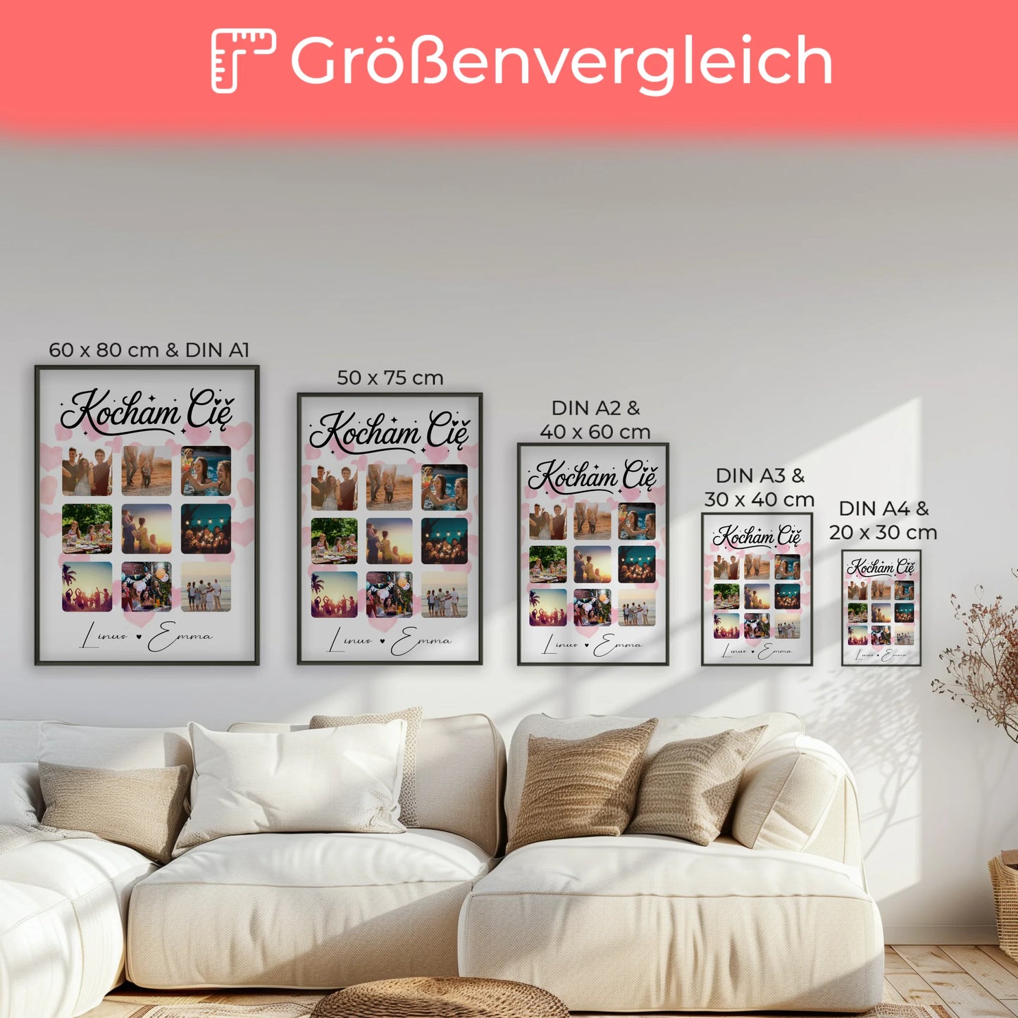 Liebes Poster Fotocollage für Paare mit 9 Fotos Kocham cię Liebe auf Polnisch Geschenk