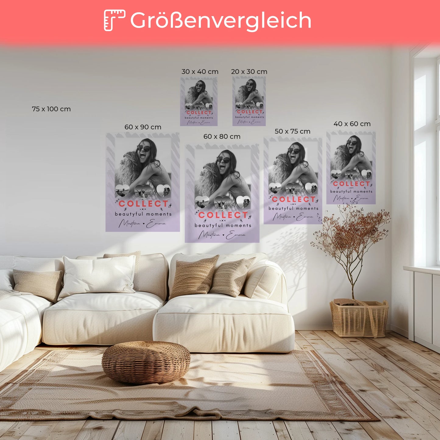 Personalisierte Leinwand für Freundinnen mit 1 Foto und 3 Kleine Herz Fotos Collect Beautyful Moments 6