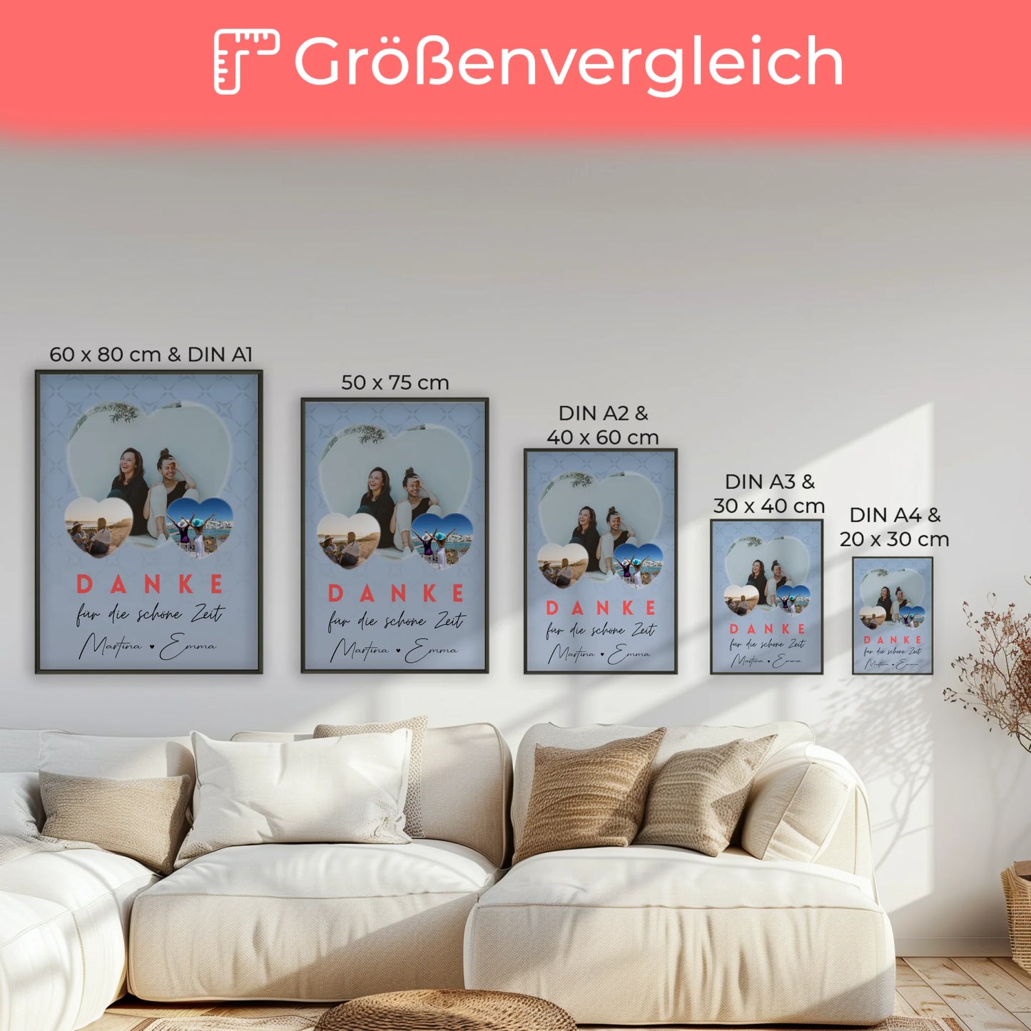 Poster Freundinnen Personalisiert mit 3 Herz Fotos Danke Für Die Schöne Zeit