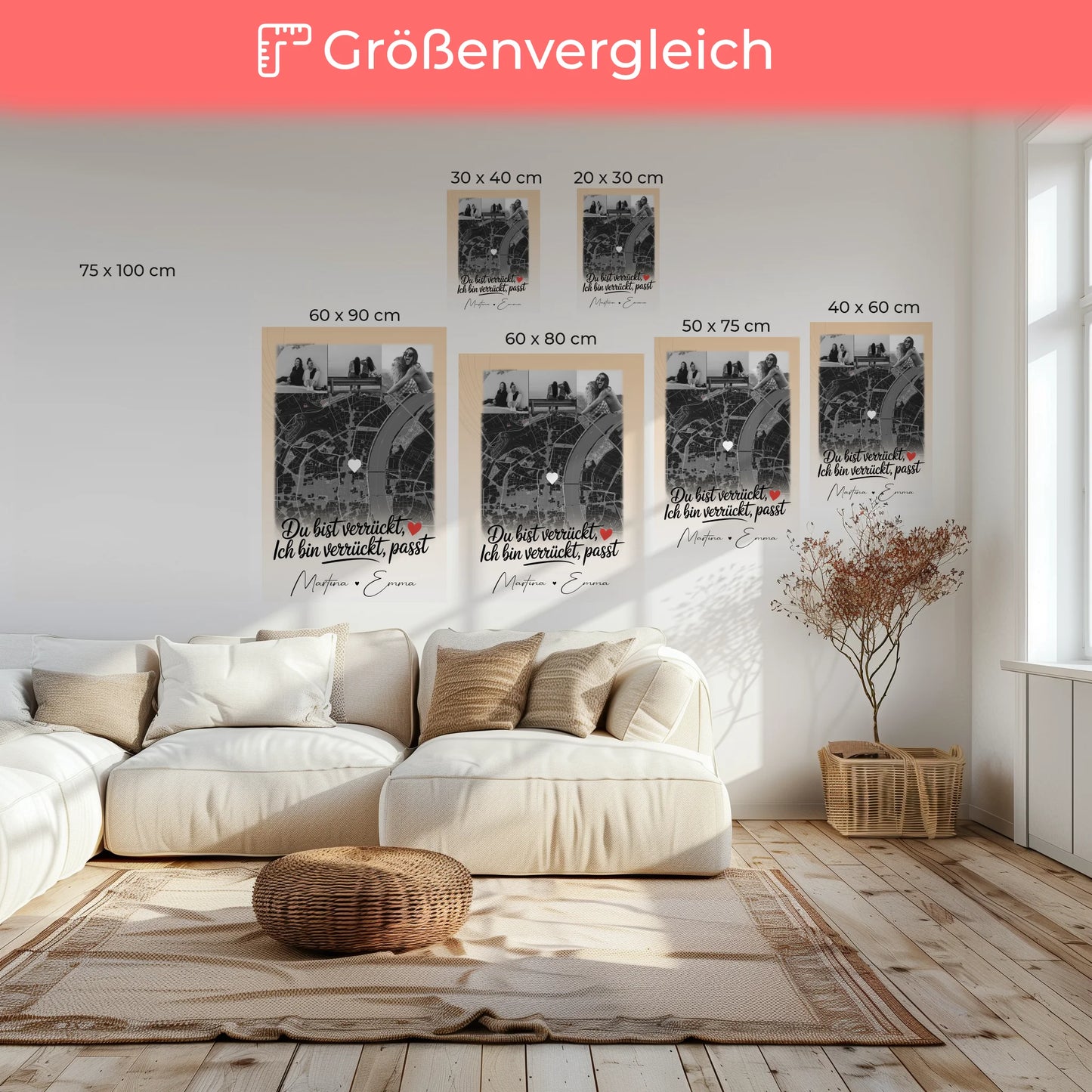 Personalisierte Leinwand Bild Freundinnen mit 4 Fotos und Karte Du verrückt Ich verrückt passt perfekt 6