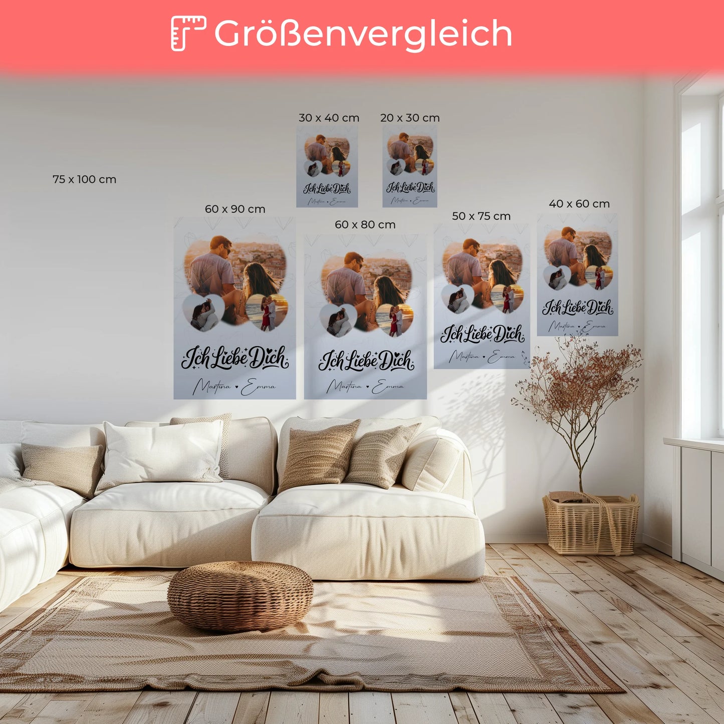 Personalisierte Paar Leinwand mit 3 Herz Fotos Ich liebe Dich Geschenk 6