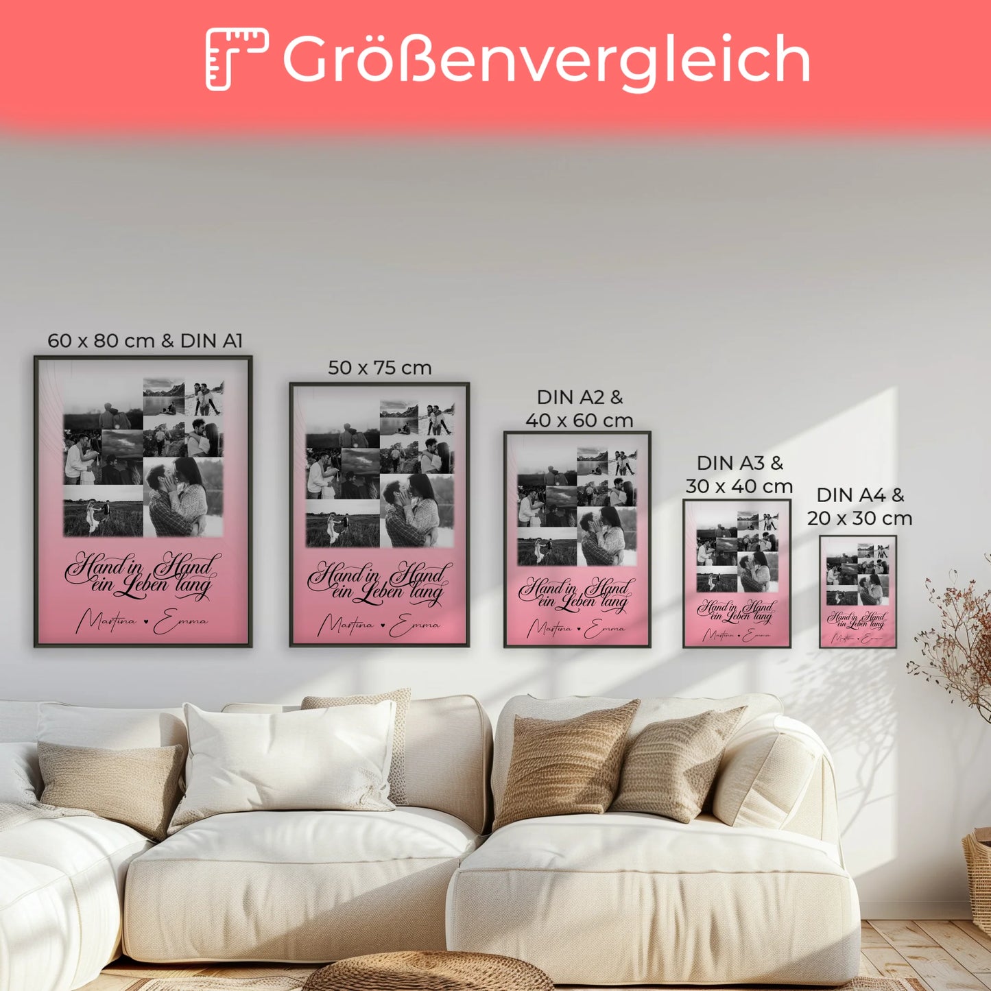 Personalisiertes Liebes Poster mit 9 Fotos Hand In Hand Ein Leben Lang