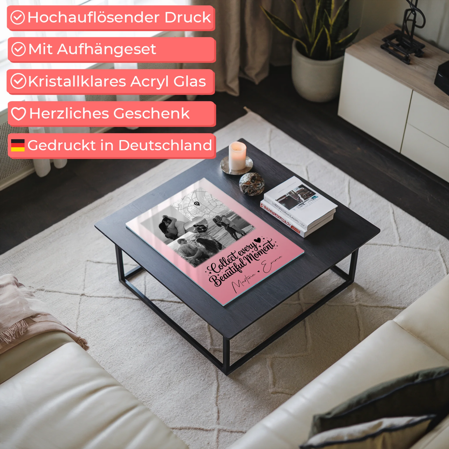Personalisierte Geschenke mit Foto Acrylglas 3 Fotos und Herz Foto Karte für besondere Momente