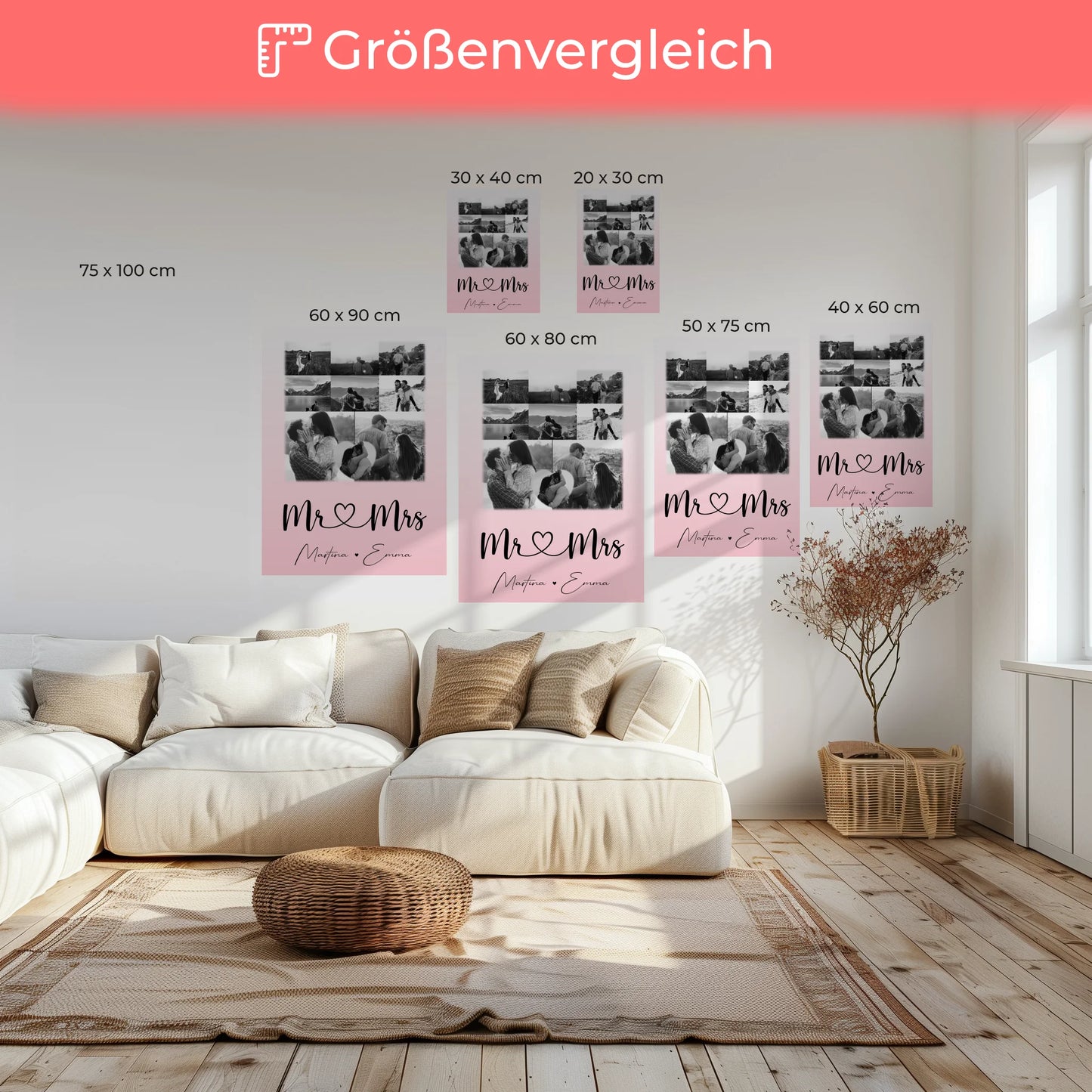 Personalisierte Paar Leinwand mit 8 Fotos und Herz Foto Mr & Mrs Geschenk für Verliebte