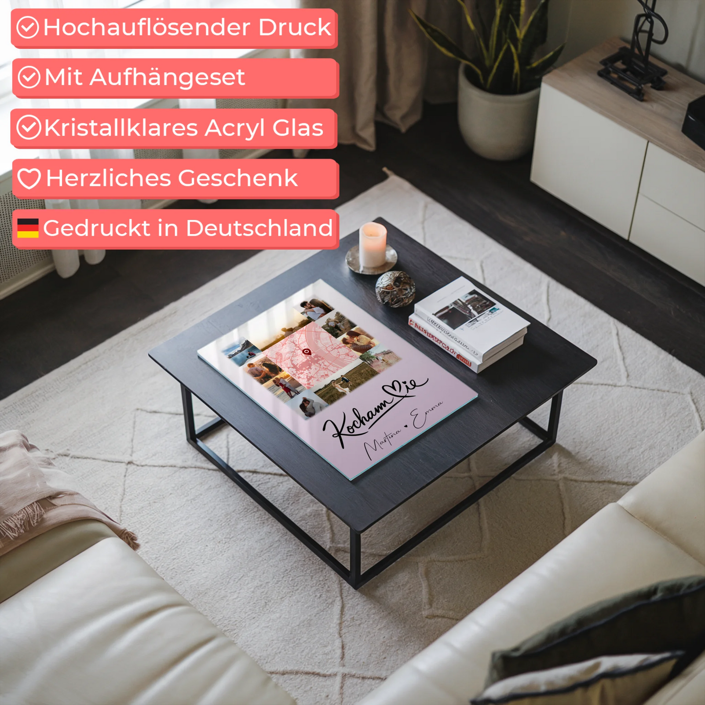 Personalisierte Foto Acrylglas mit 10 Fotos und Karte in der Mitte Kocham Cie