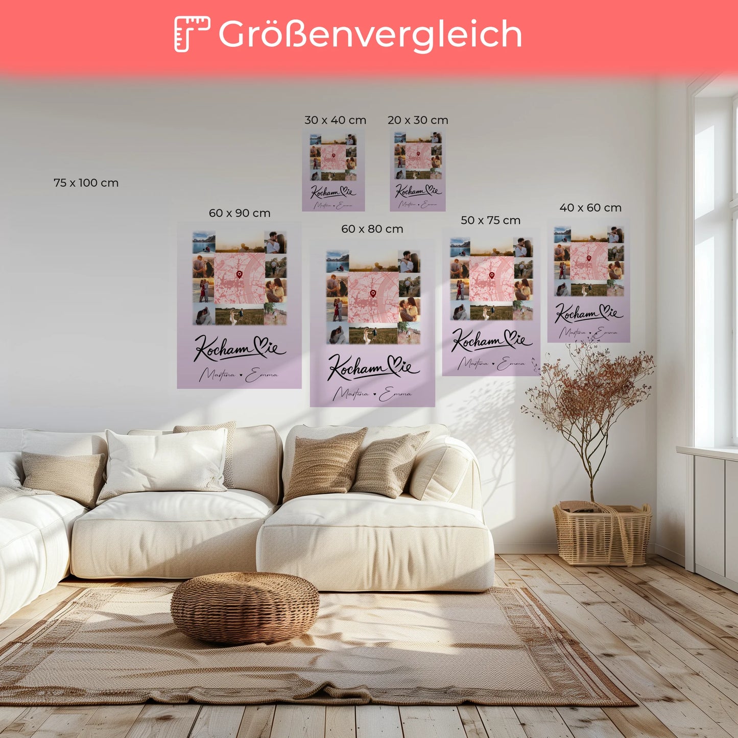 Personalisierte Leinwand Hochzeit mit 10 Fotos und Karte in der Mitte Kocham Cie