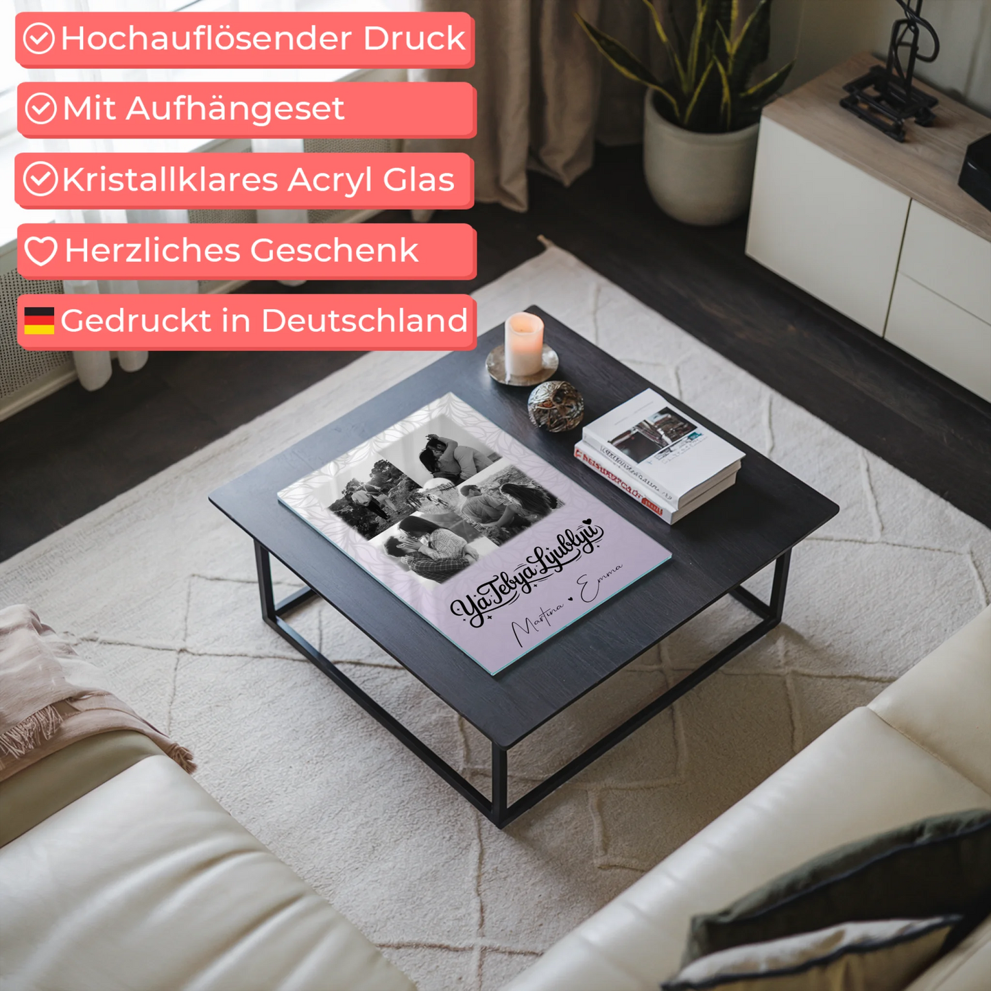 Personalisierte Acrylglas Mit Foto 4 Fotos und 1 Herz Foto Ya tebya lyublyu Liebe auf Russisch