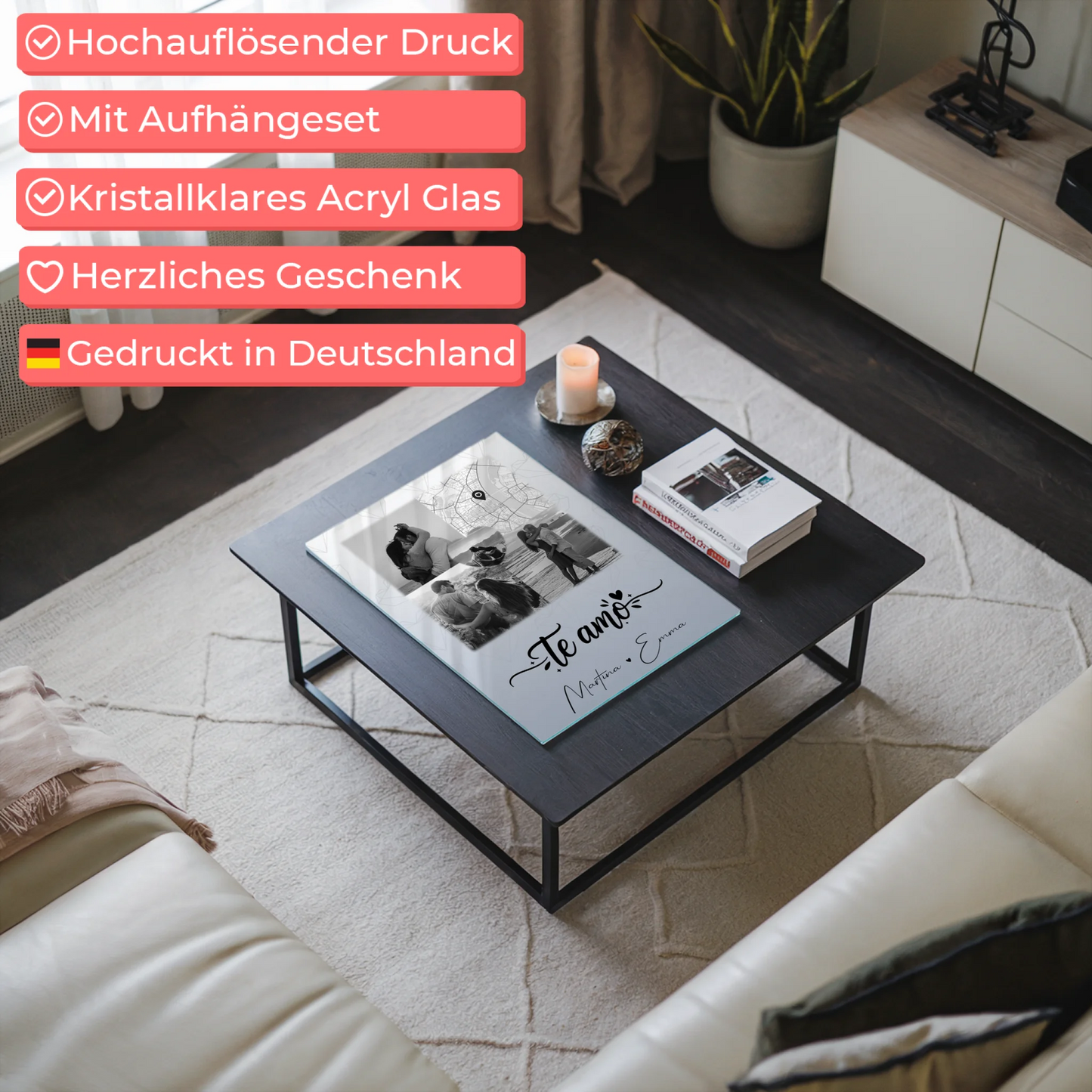 Personalisierte Geschenke mit Foto Mit Acrylglas 3 Fotos und Herz Foto Karte Te amo Liebe auf Spanisch