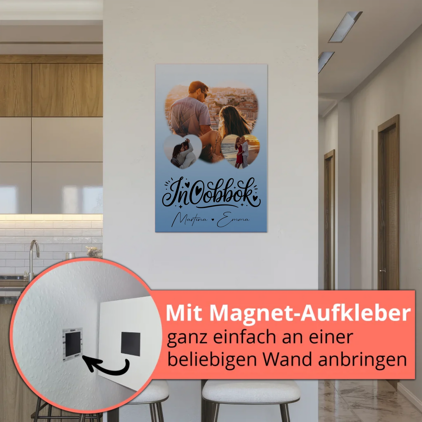 Fotoboard Poster Magnetisch mit 3 Herz Fotos Inħobbok Liebe auf Maltesisch Personalisiertes Geschenk