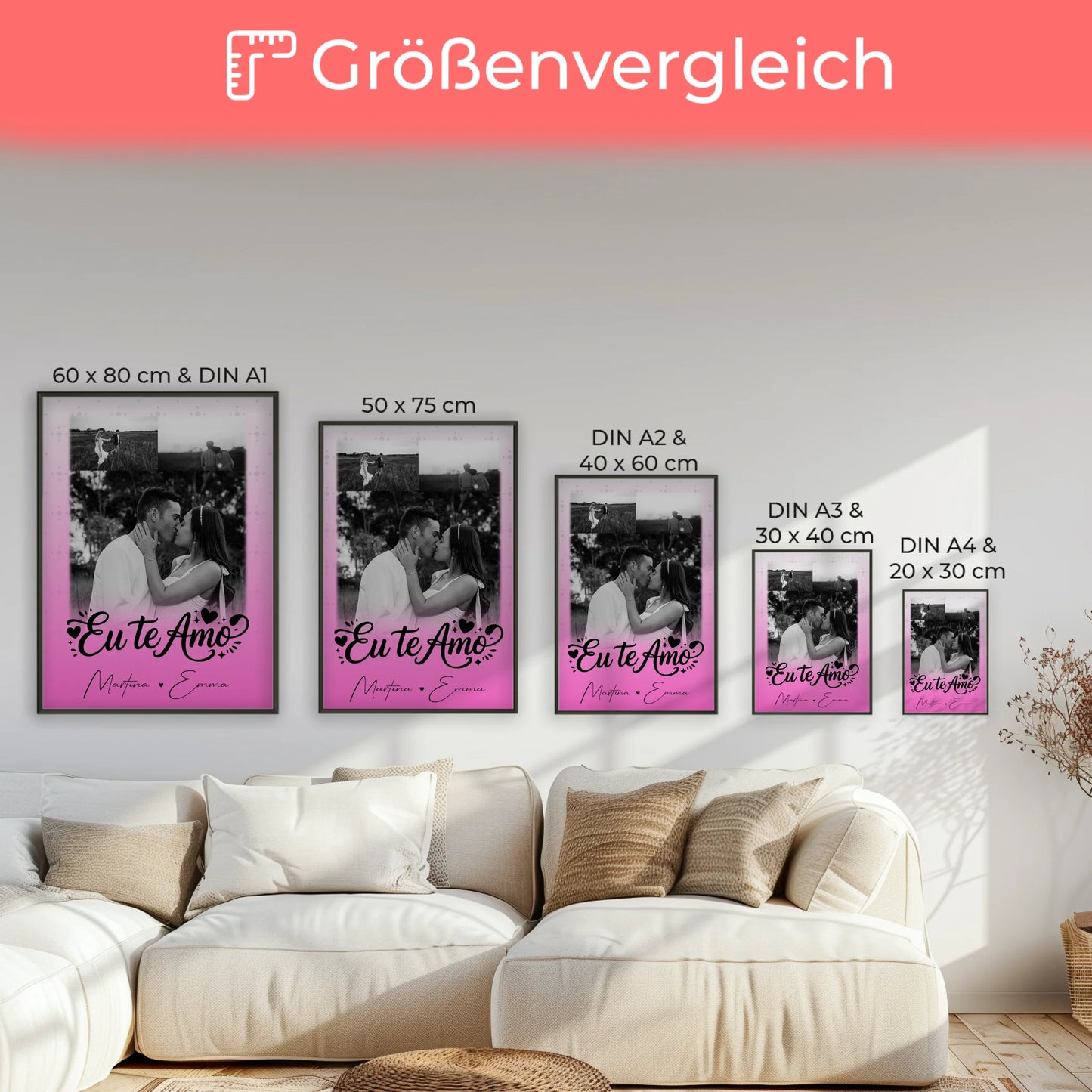 Partner Poster Personalisiert mit 3 Fotos Eu te amo Liebe auf Portugiesisch
