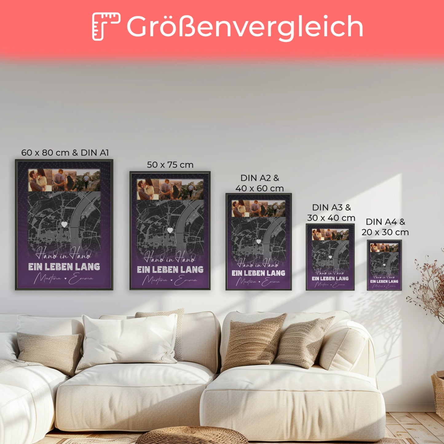 Pärchen Poster Personalisiert Ti Amo Italienisch mit 4 Fotos und Karte als Geschenk