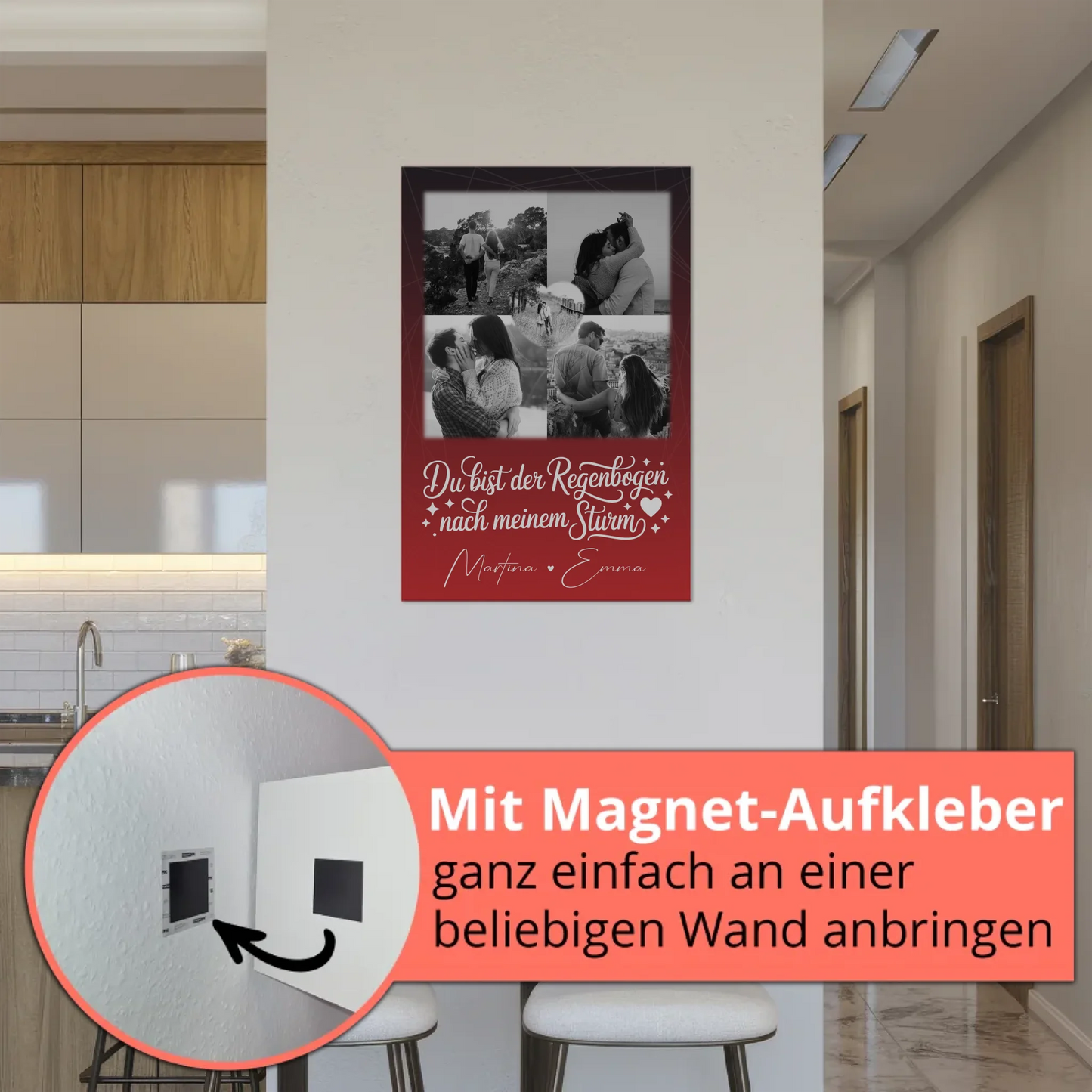 Personalisierte Fotoboard Magnet Wandbild mit 4 Fotos und 1 Herz Foto Ti amo Liebe auf Italienisch