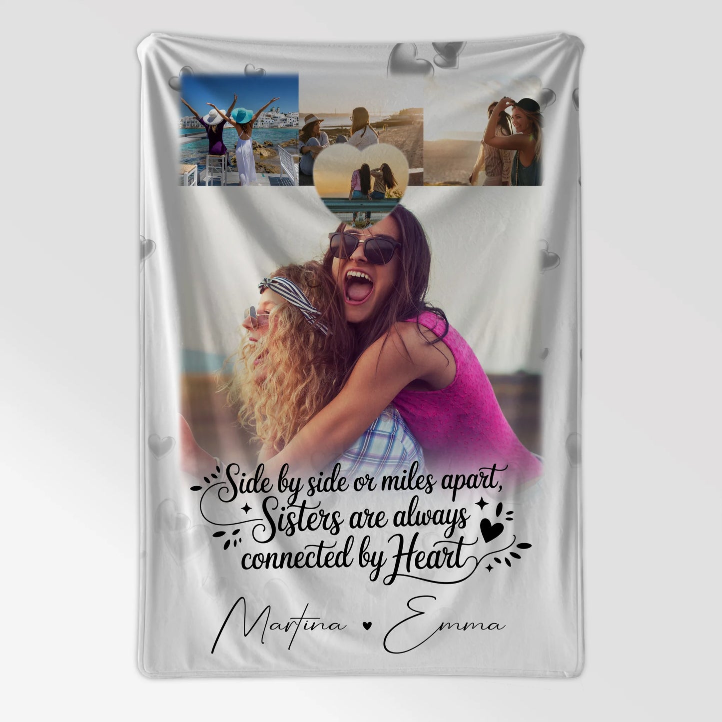 Personalisierte Decke Schwester mit 4 Fotos und kleinem Herz Side by Side 7