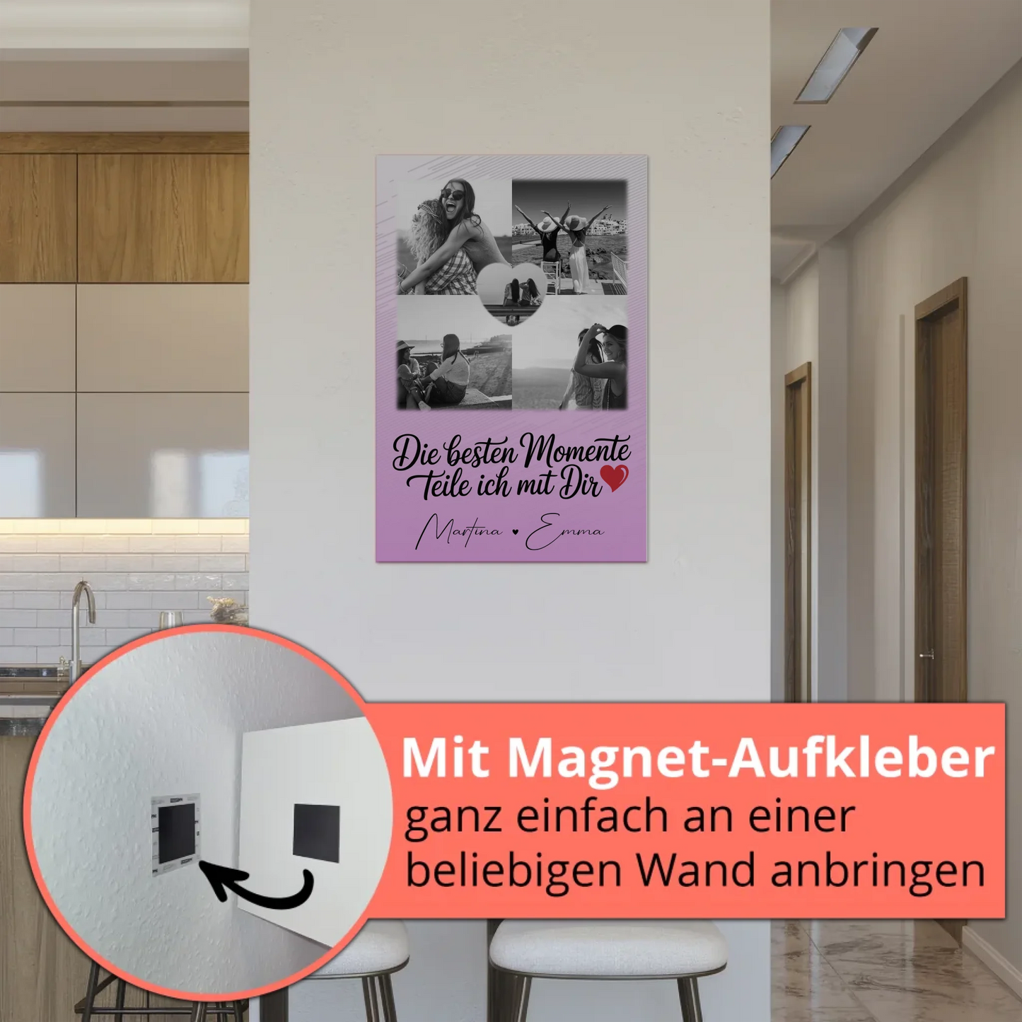 Personalisiertes Fotoboard Magnet Wandbild mit 4 Fotos und 1 Herz Foto Die besten Momente