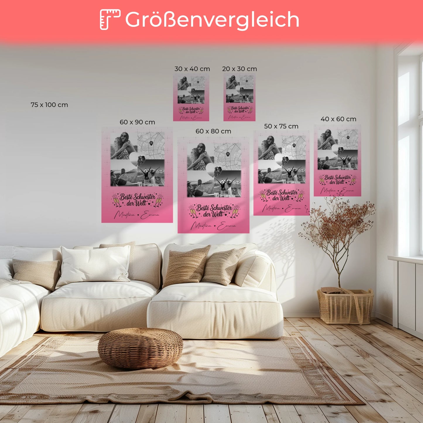 Personalisierte Leinwand Schwester mit 3 Fotos und Herz Foto Karte Beste Schwester der Welt