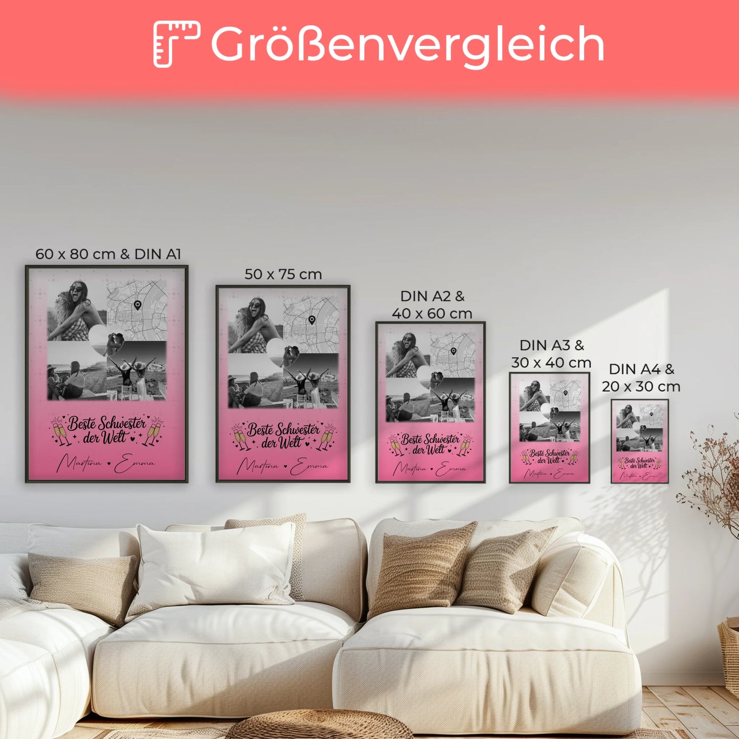 Personalisiertes Schwester Poster Beste Schwester der Welt mit 3 Fotos und Herz Karte