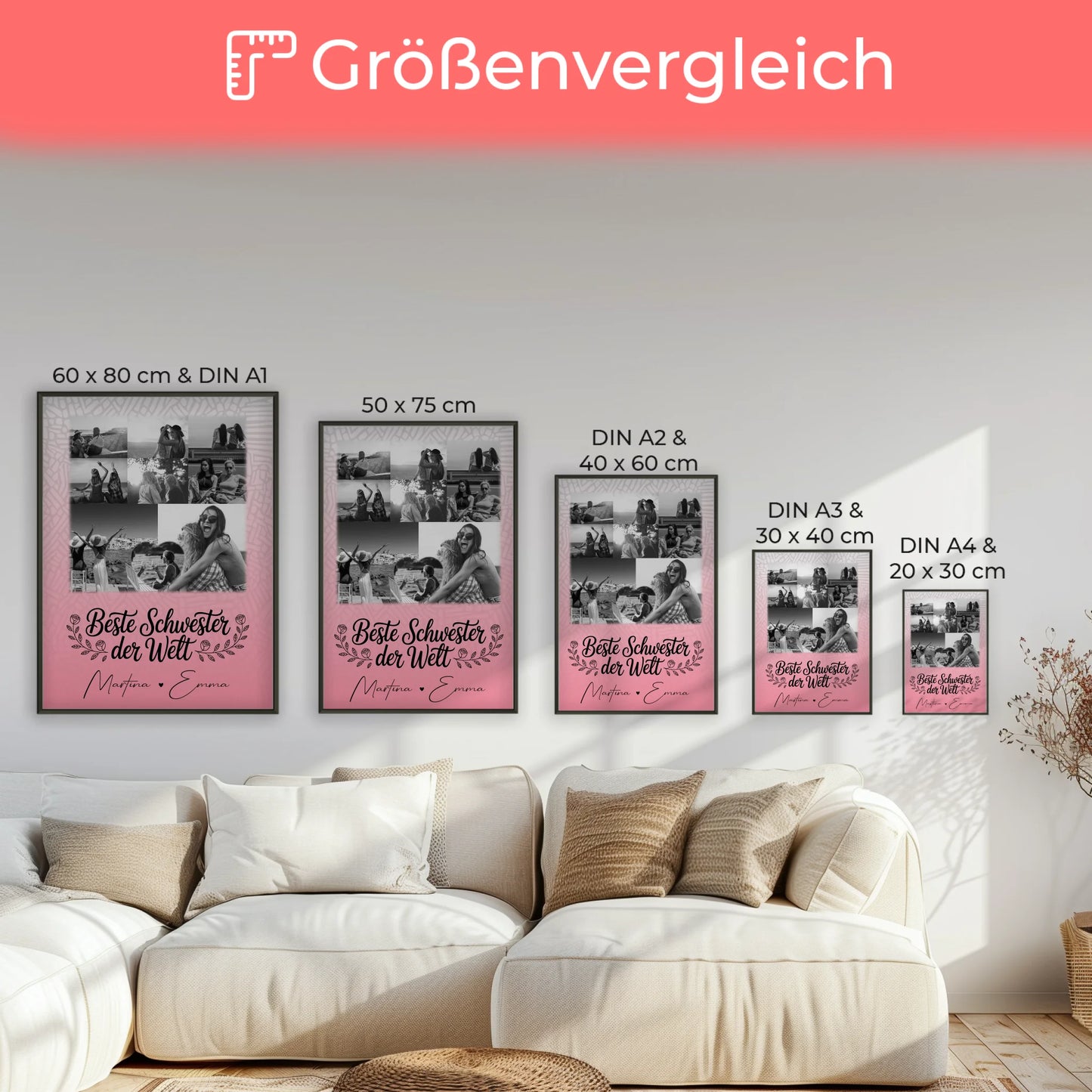 Personalisiertes Poster Schwester mit 8 Fotos und 1 Herz Foto Beste Schwester der Welt