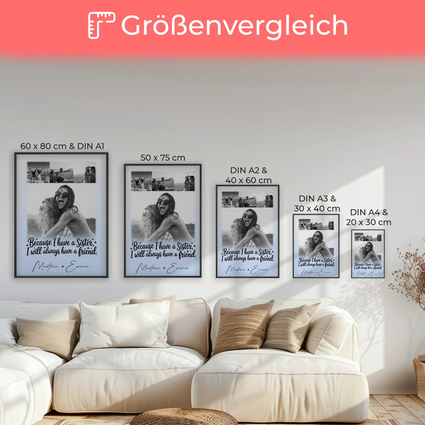 Personalisiertes Poster Schwester 4 Fotos mit Spruch I will always have a friend