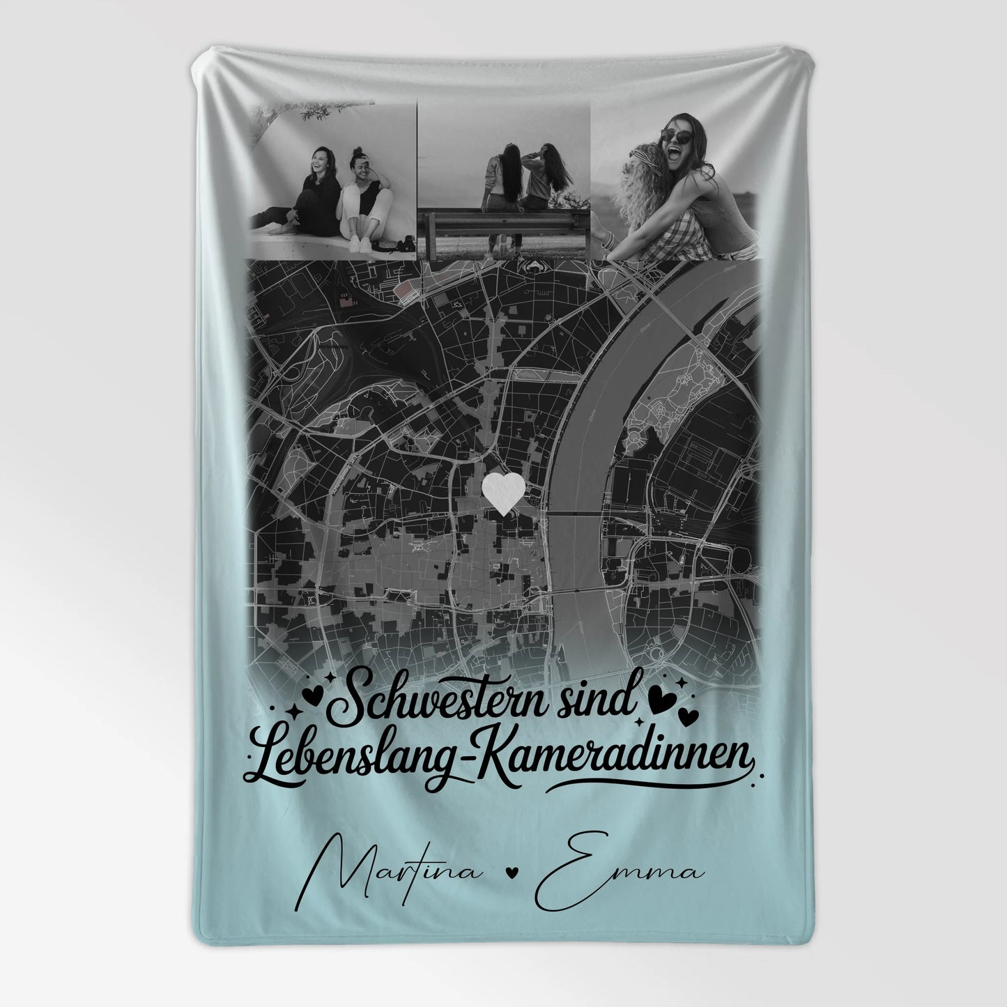 Personalisierte Namensdecke mit 4 Fotos und Karte für Schwestern sind Kameradinnen 7