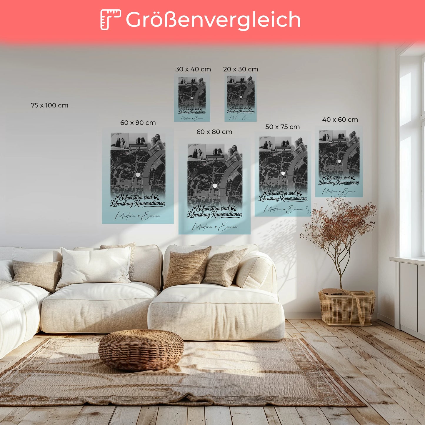 Personalisierte Schwester Leinwand mit 4 Fotos und Karte Schwestern sind Kameradinnen
