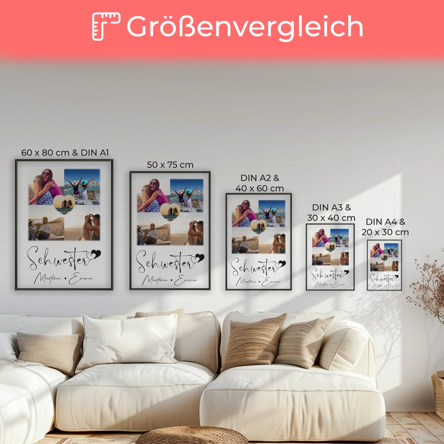 Einzigartiges Schwester Poster Geschenk mit 4 Fotos & 1 Herz Foto