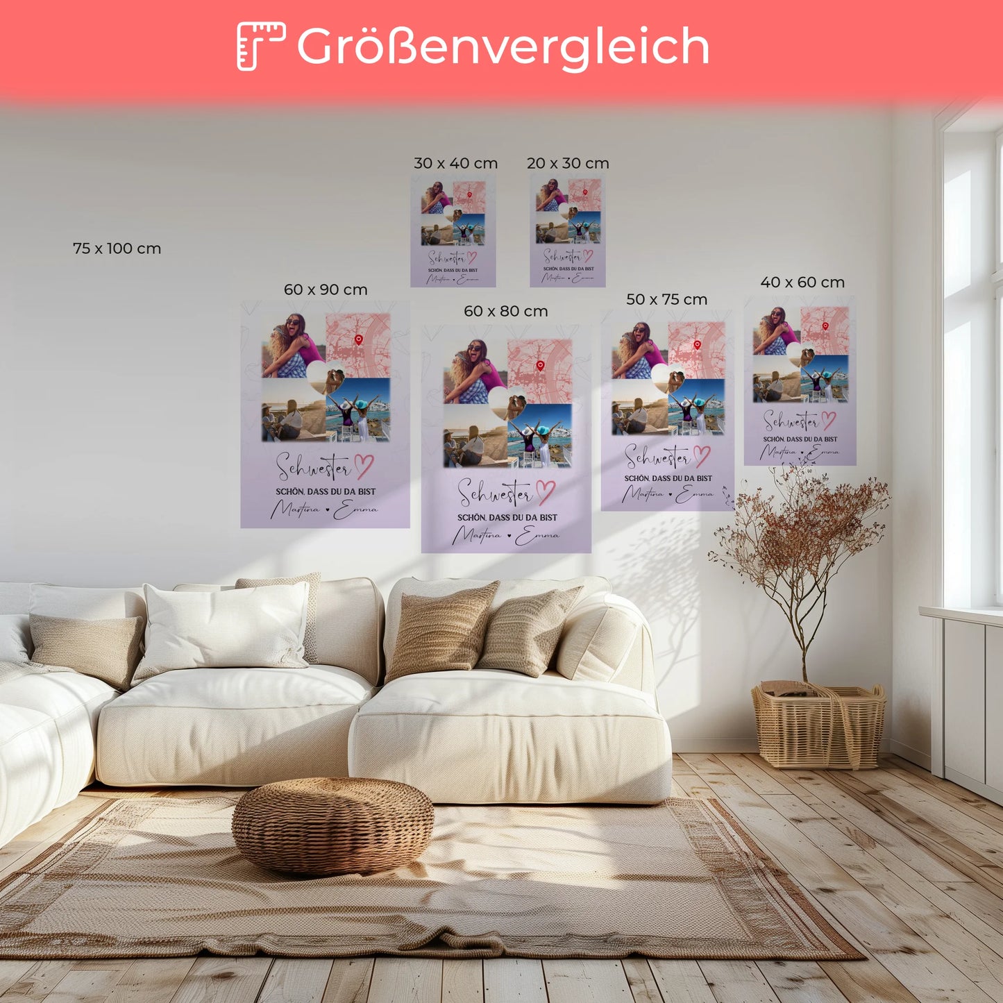 Personalisierte Schwester Leinwand mit 3 Fotos und Herz Foto Karte Geschenkidee
