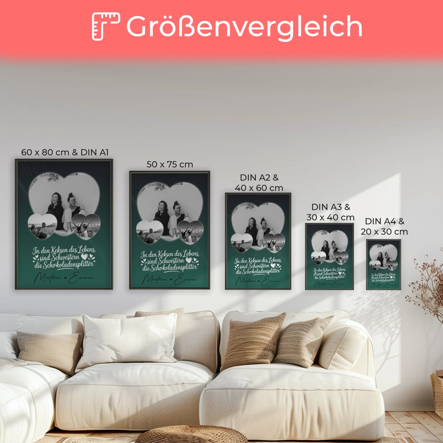 Schwester Poster mit 3 Herz Fotos als persönliche Geschenkidee