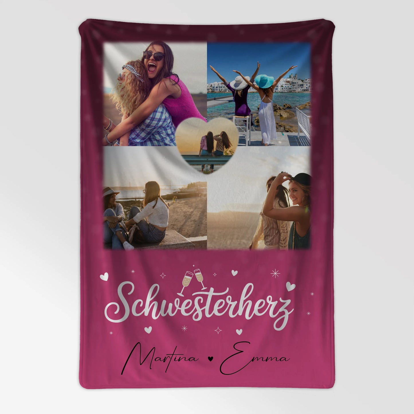 Personalisierte Decke Schwester mit 4 Fotos und 1 Herz Foto individuell gestaltet 7