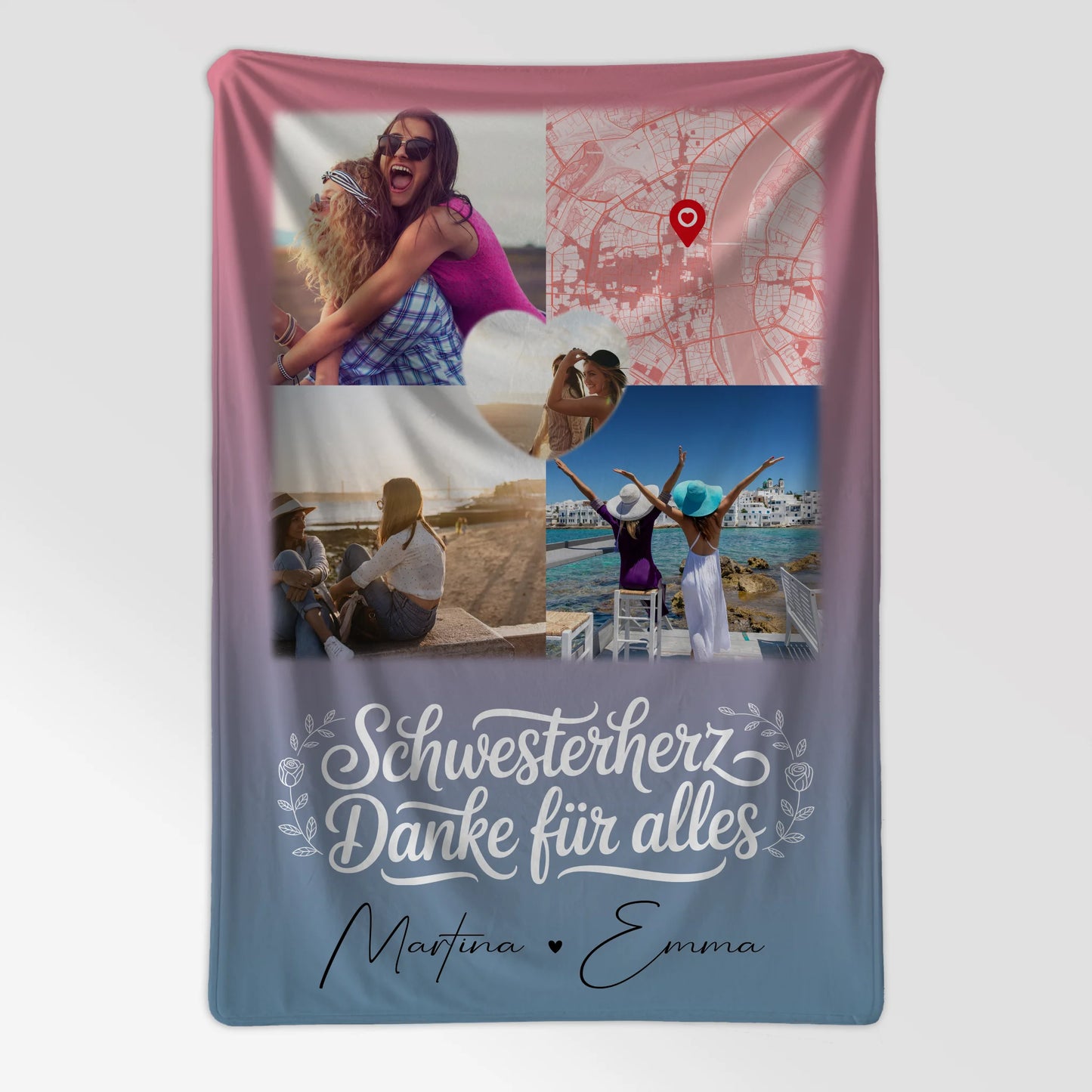 Personalisierte Decke Schwester mit 3 Fotos Herz Foto Karte Geschenkidee 7