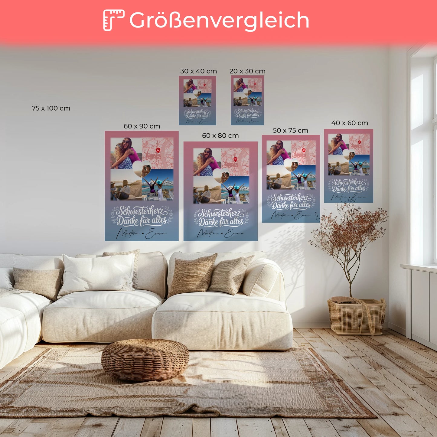 Personalisierte Schwester Leinwand mit 3 Fotos 1 Herz Foto Karte Geschenk