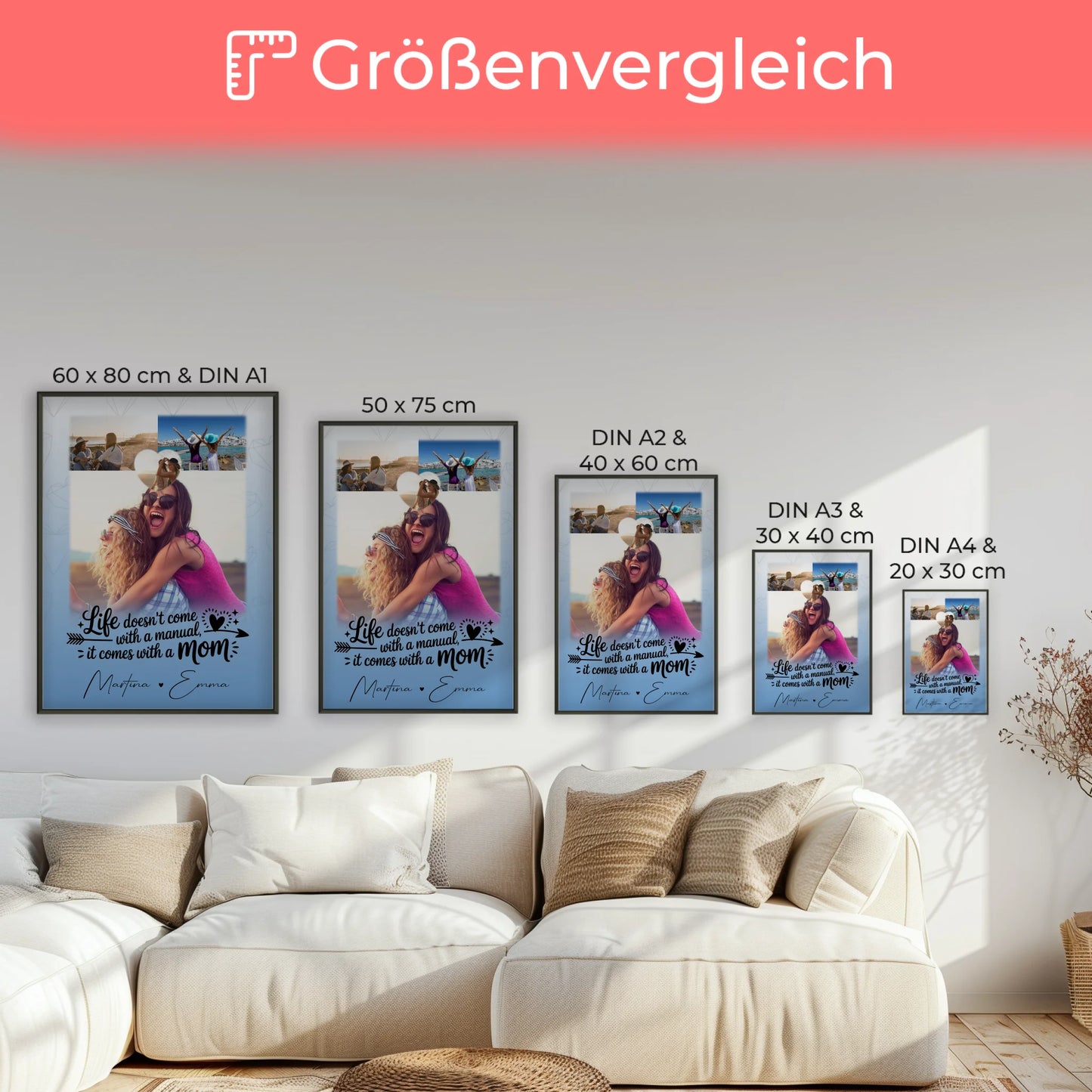 Personalisiertes Poster Mama mit 3 Fotos und 1 Herz Foto Life is better with you in it