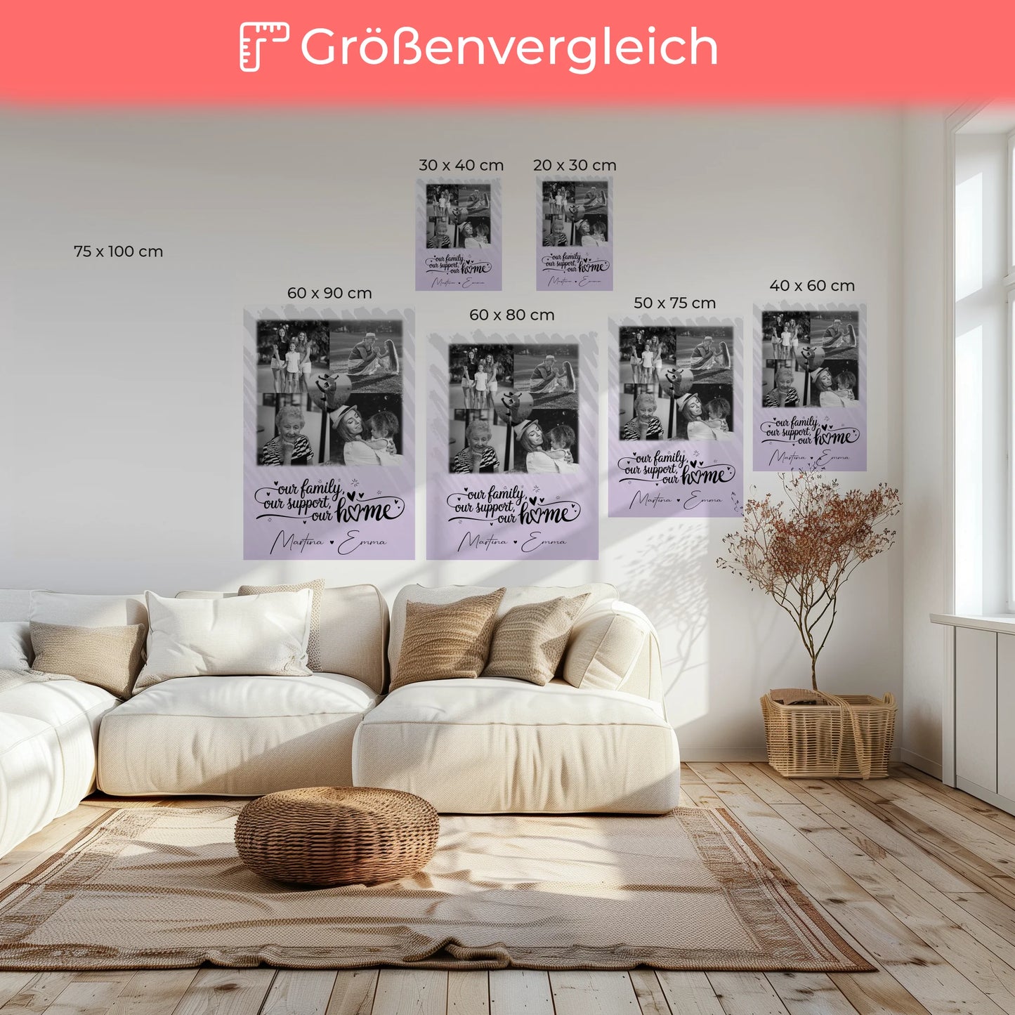 Wandbild Familie Personalisiert mit 4 Fotos und Herz Foto Our Family 6