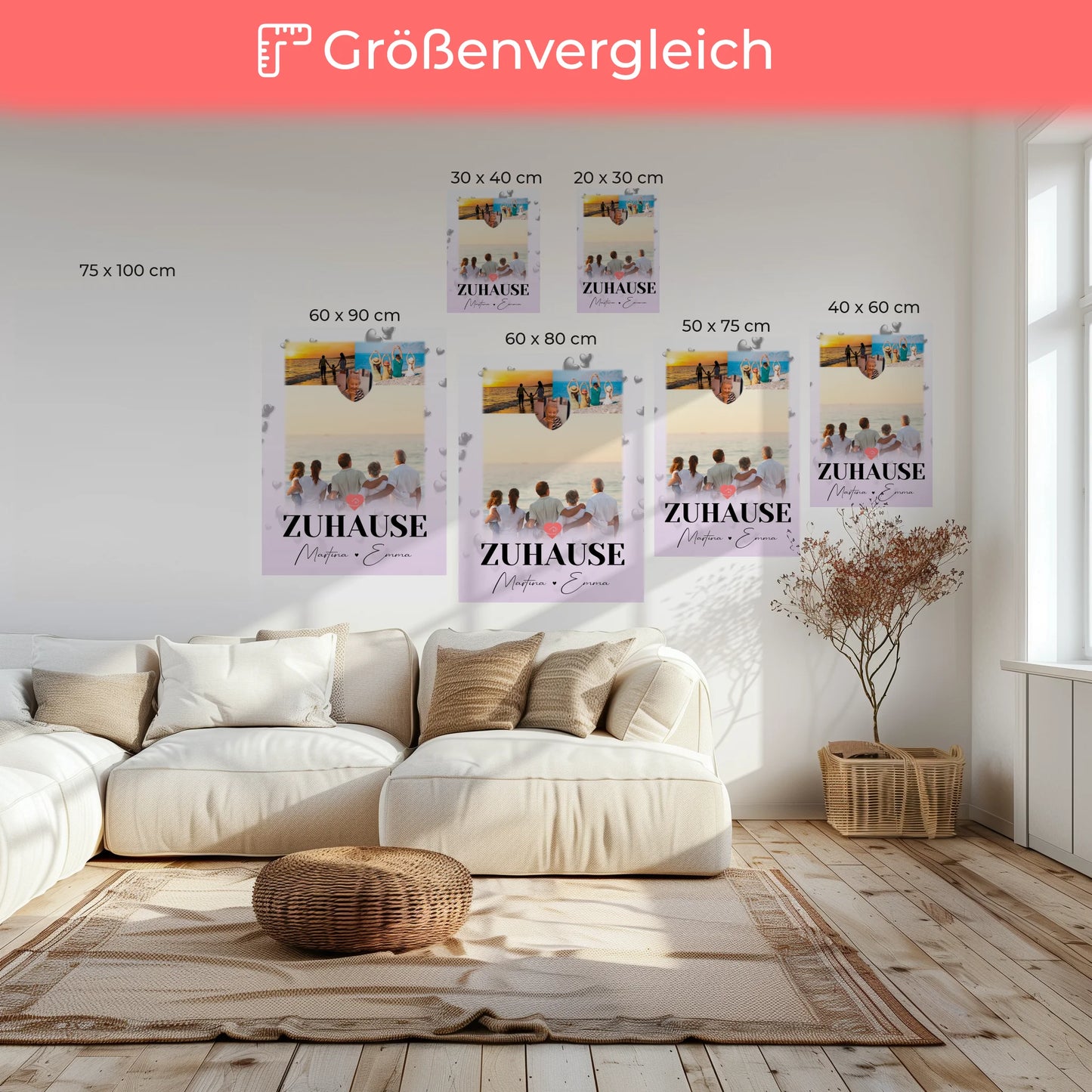 Familien Leinwand Personalisiert mit 3 Fotos und Herz Foto für Zuhause 6