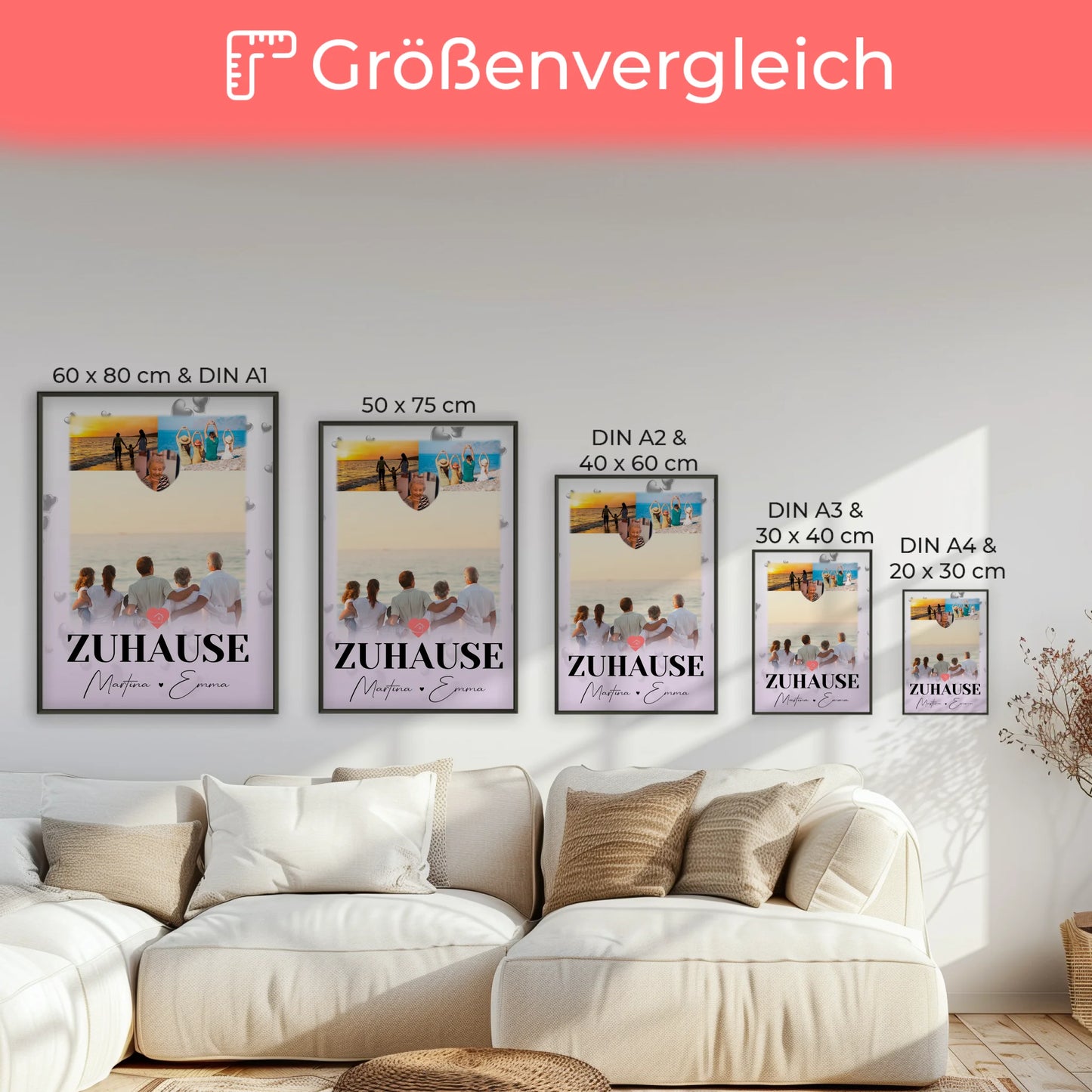 Poster Namen Familie mit 3 Fotos und 1 Herz Foto für dein Zuhause