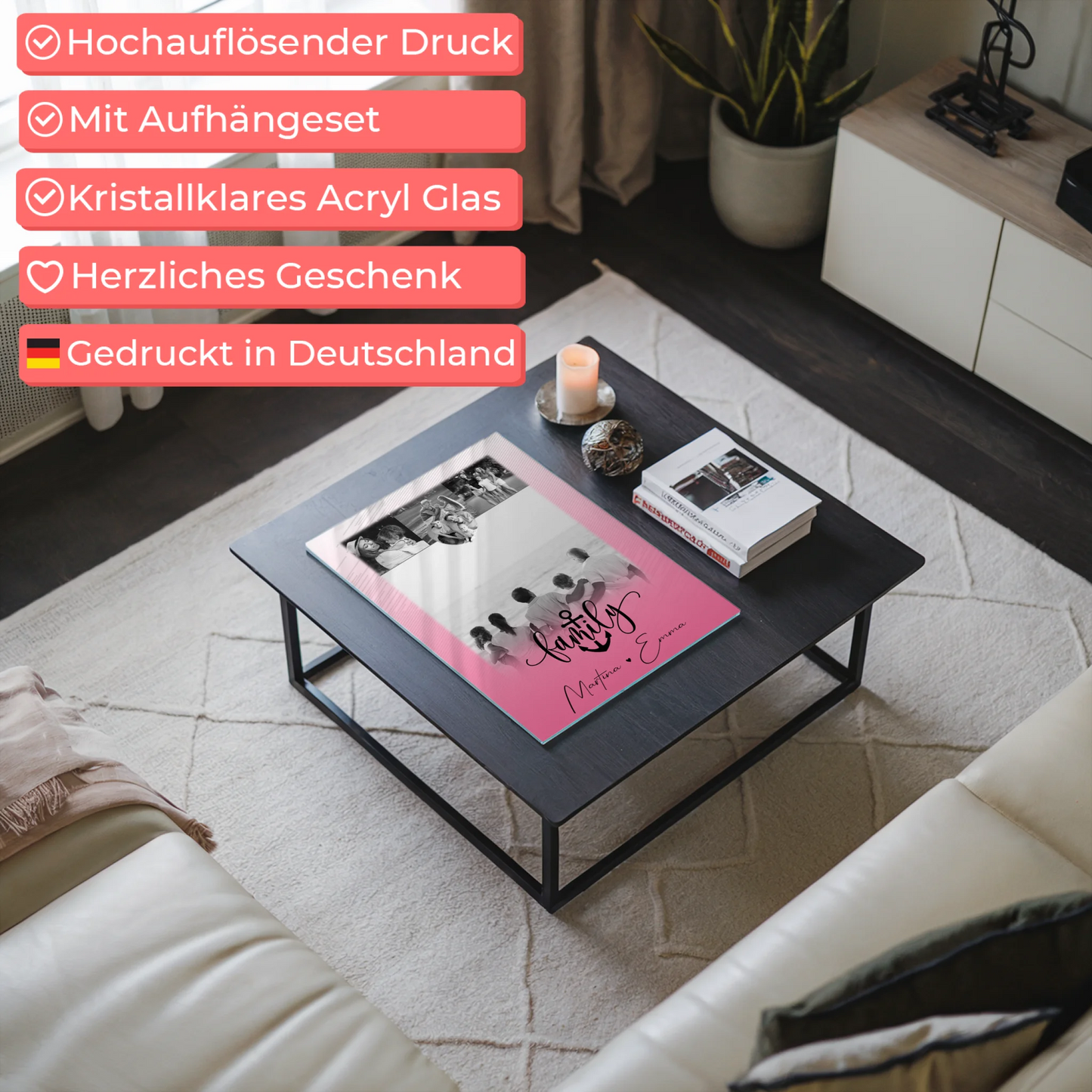 Wandbild Familie Personalisiert mit 4 Fotos und Kleinem Herz Foto für Family Freude