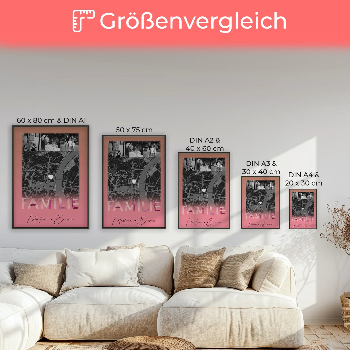 Familienposter Namen personalisiert mit 4 Fotos und Karte als Geschenk für die Familie