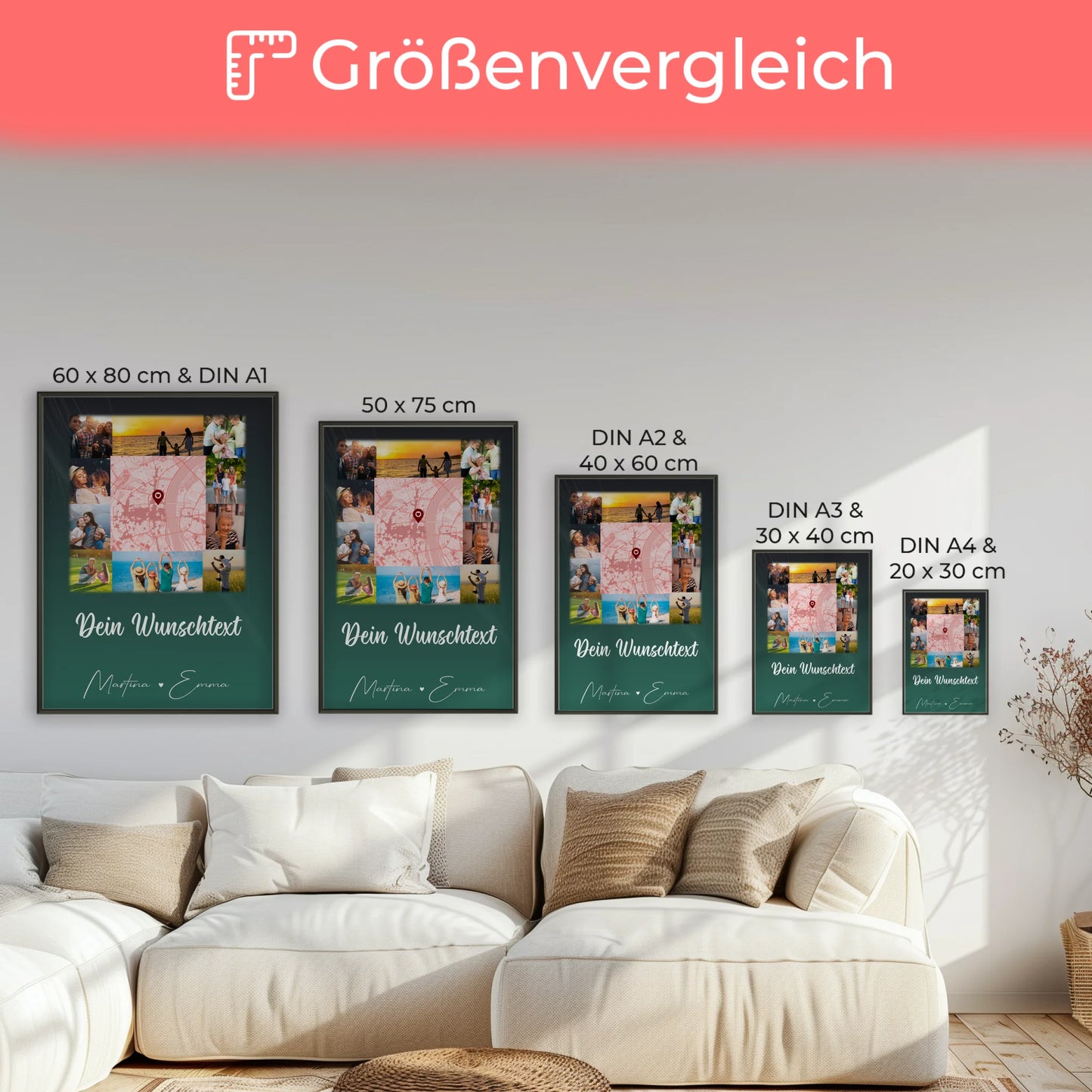 Familienposter mit Namen 10 Fotos Karte in der Mitte und Wunschtext