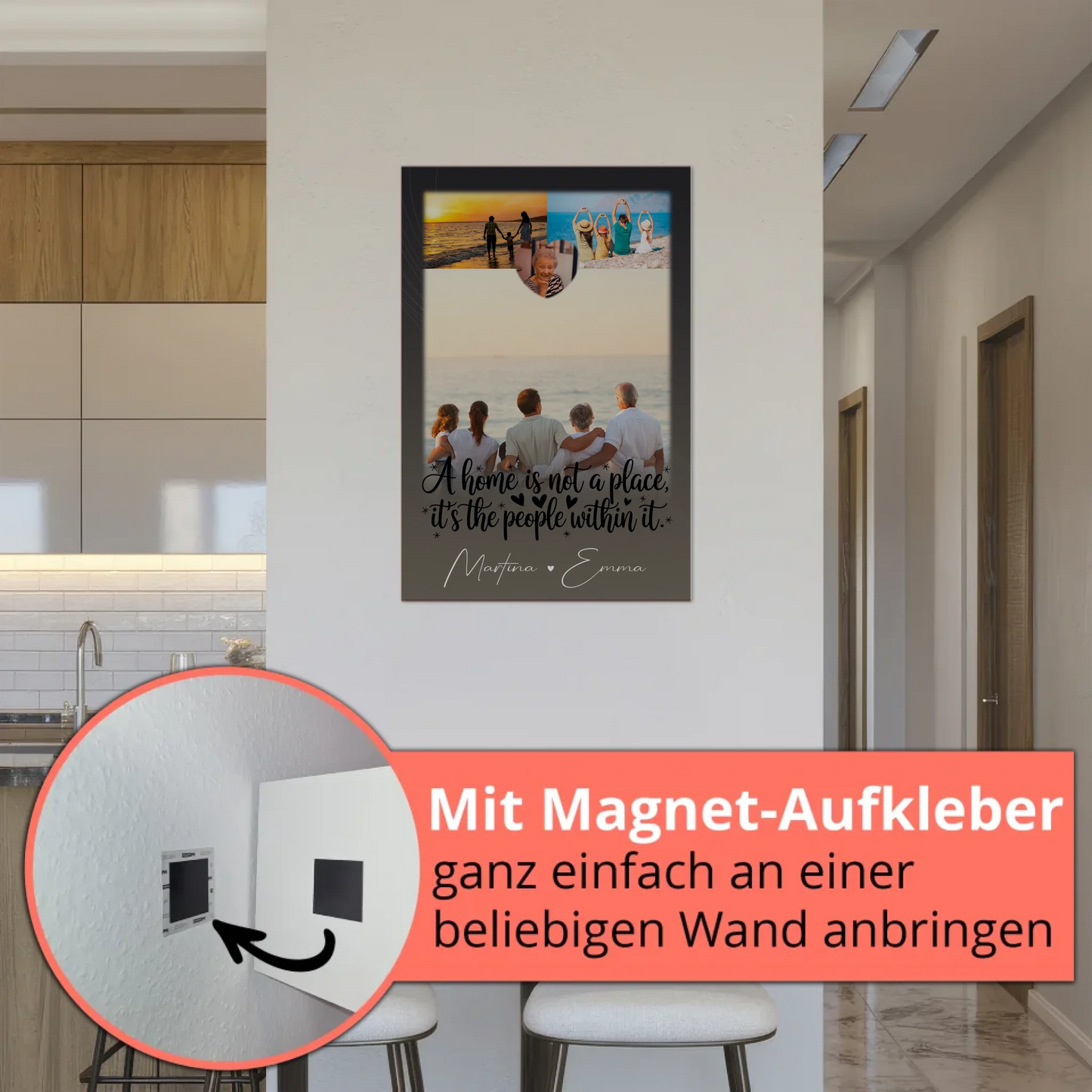 Familienbild Personalisiert mit 3 Fotos und 1 Herz Foto Home is Geschenk für die Familie